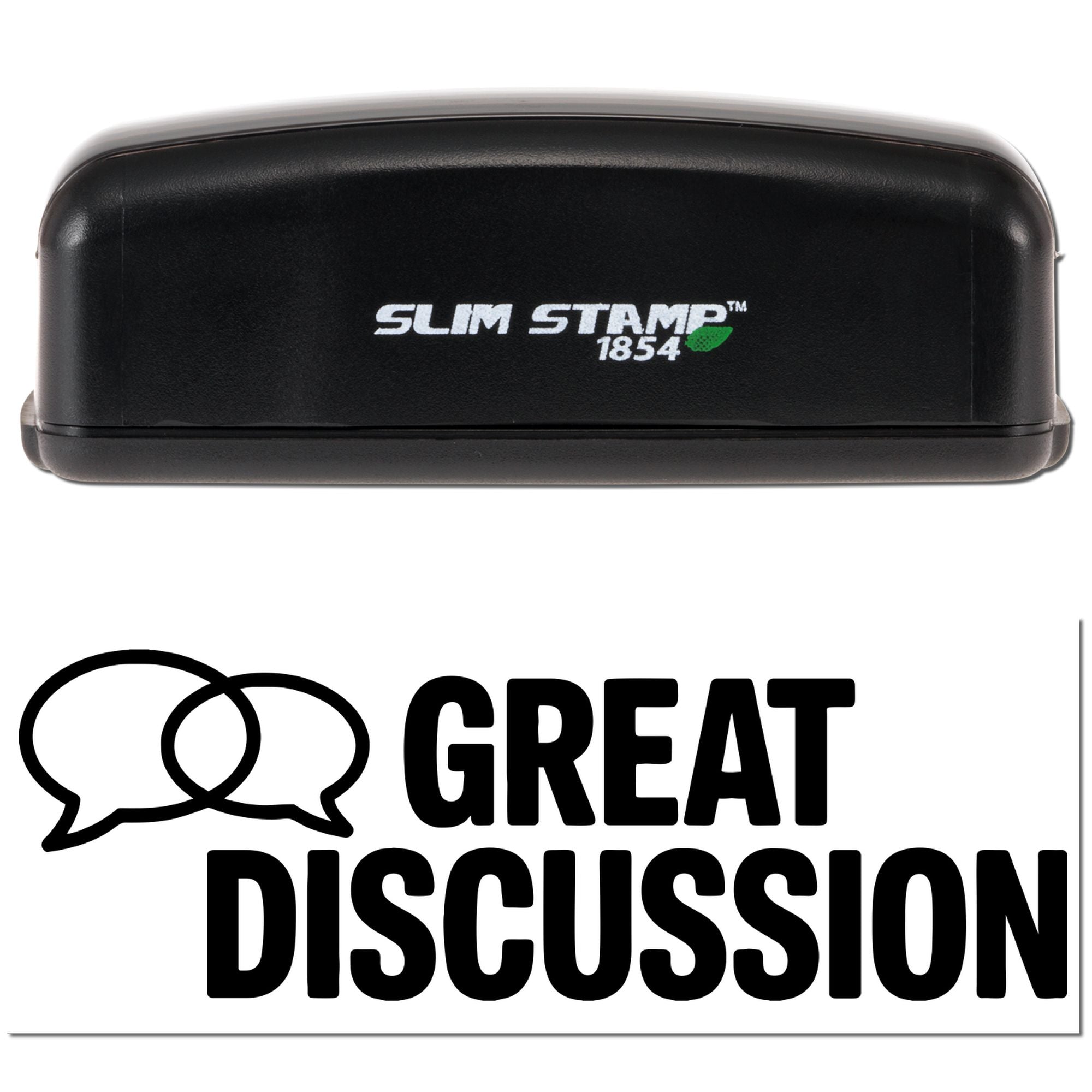 Slim Stamp 1854 self-inking rubber stamp with Great Discussion imprint for classroom feedback and employee recognition.