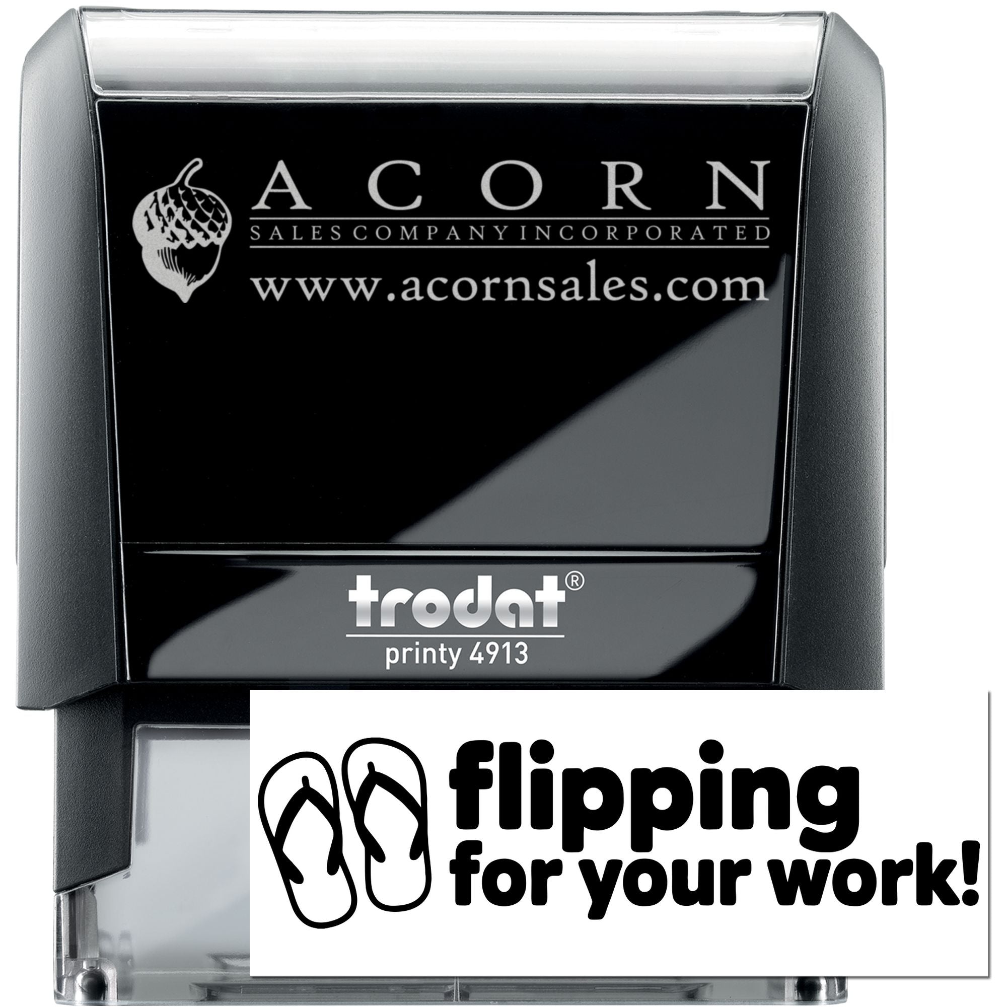 Custom self-inking rubber stamp, Trodat Printy 4913, with Acorn Sales Company logo and website imprint.
