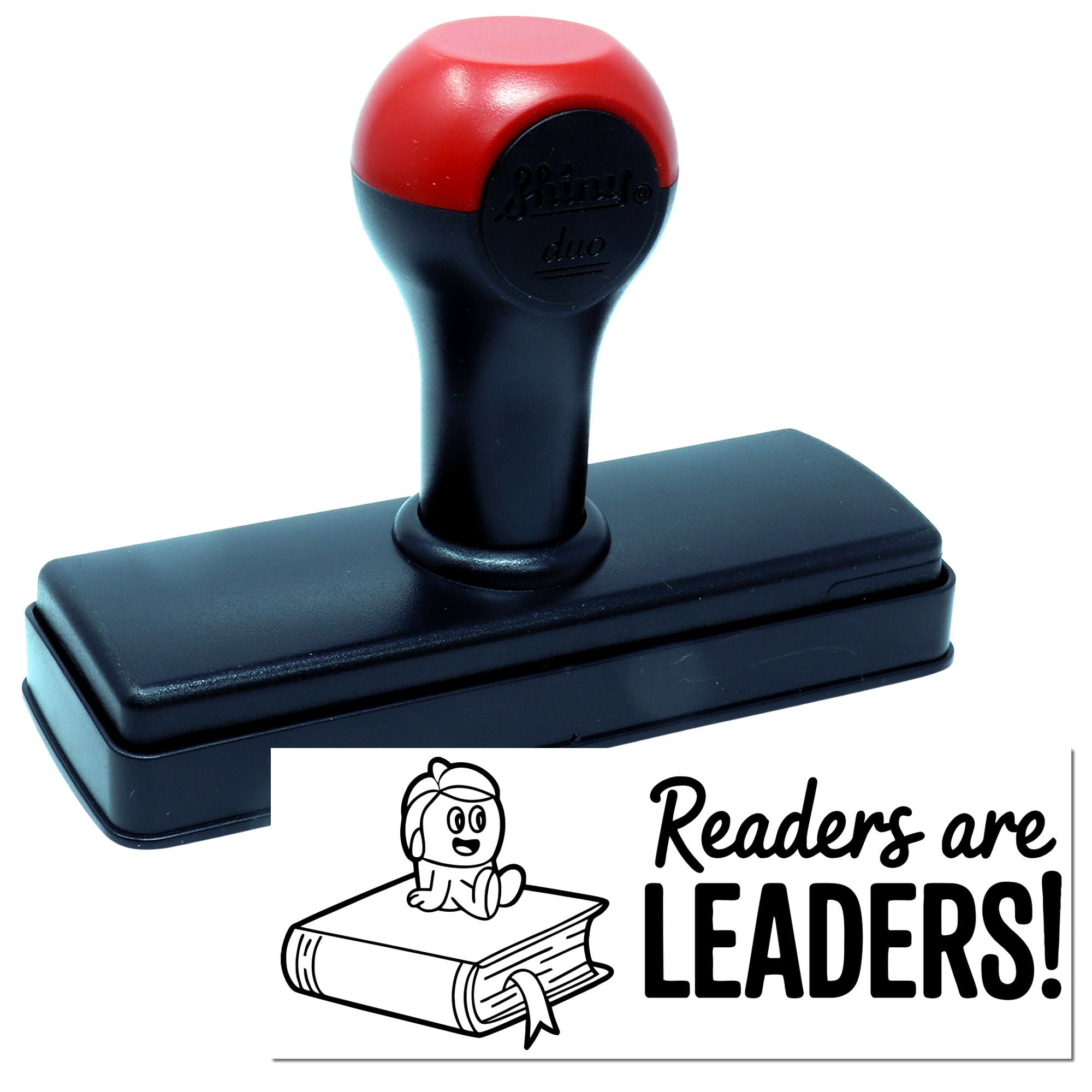 Self-inking rubber stamp featuring Readers Are Leaders! book design for classroom reading rewards.