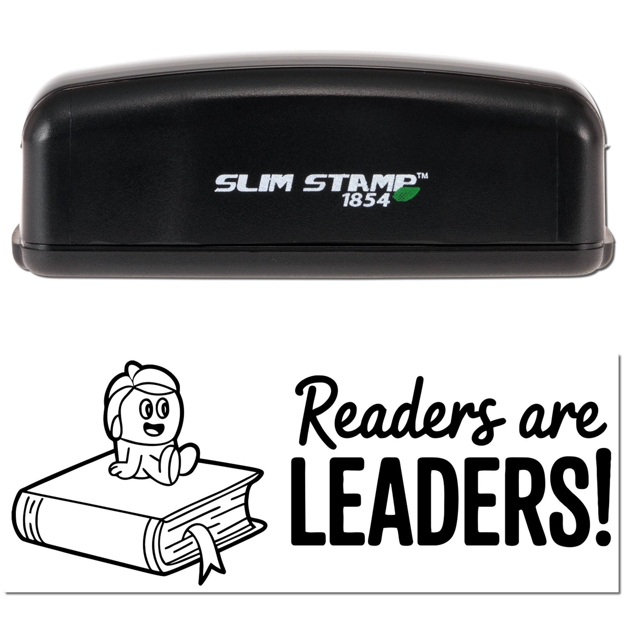 Slim Stamp 1854 self-inking rubber stamp featuring Readers are Leaders! for classroom literacy rewards and reading motivation.