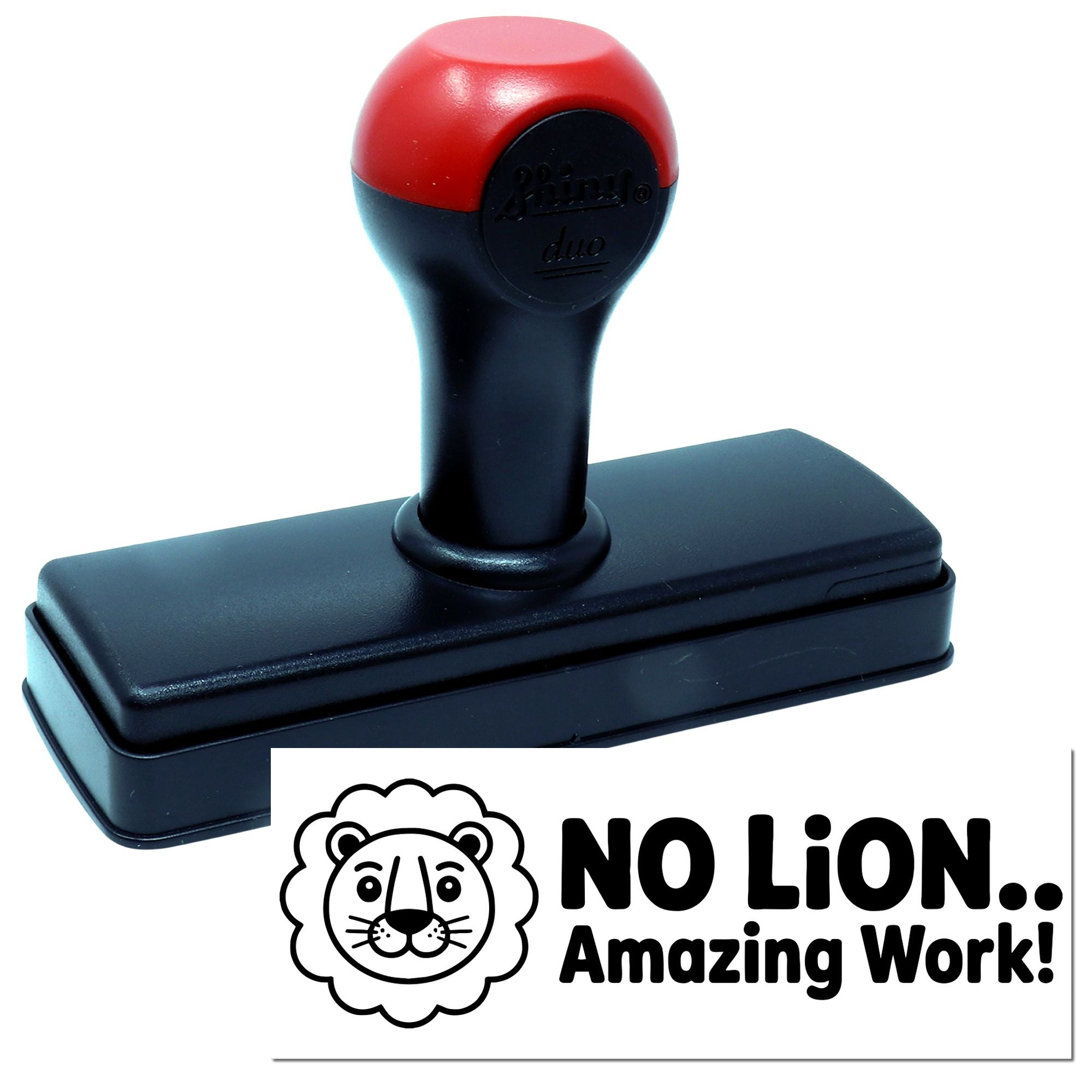 Self-inking rubber stamp with lion design and No Lion.. Amazing Work! text for teacher, office, or reward use.
