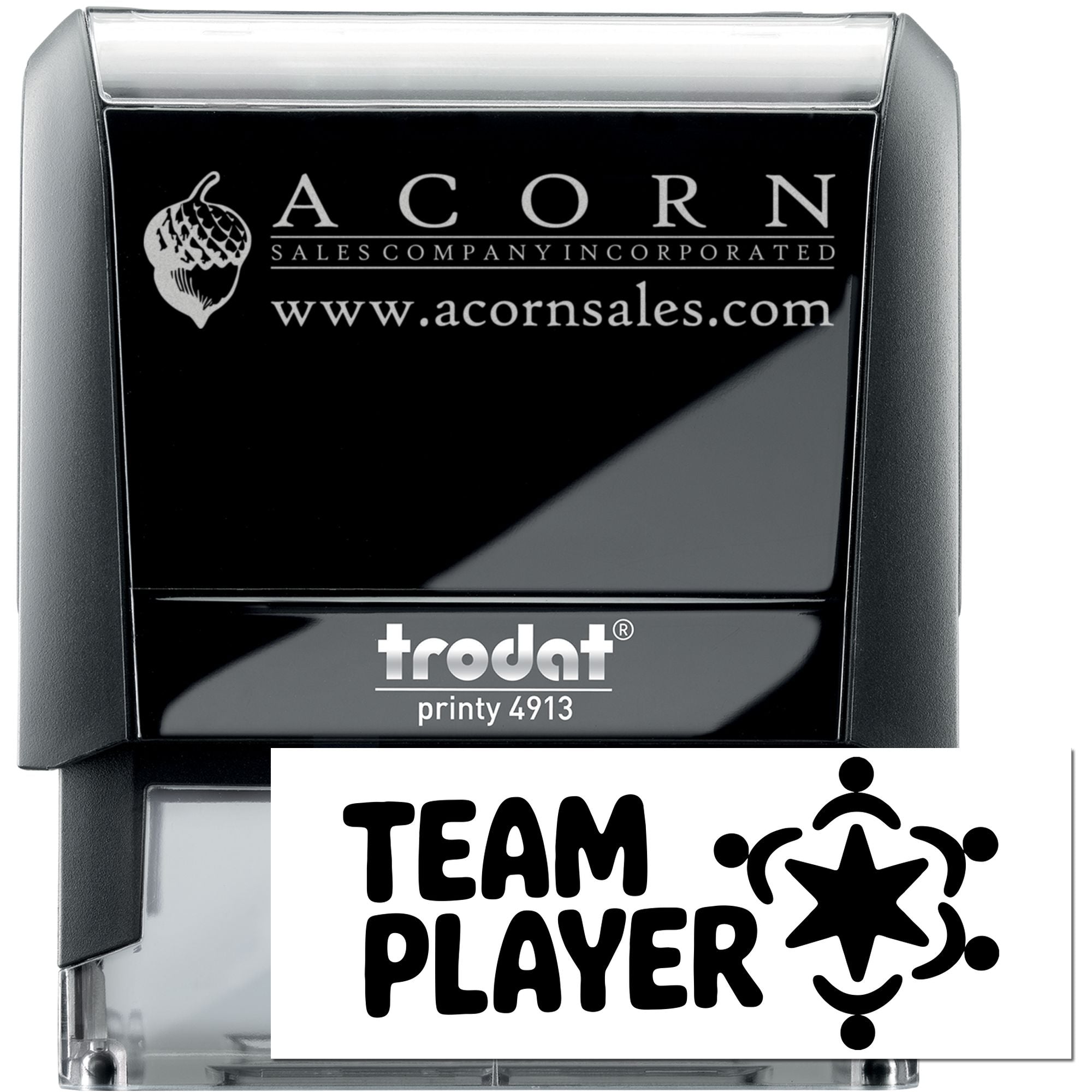 Custom Trodat self-inking rubber stamp featuring Acorn Sales Company and Team Player logo for business branding.
