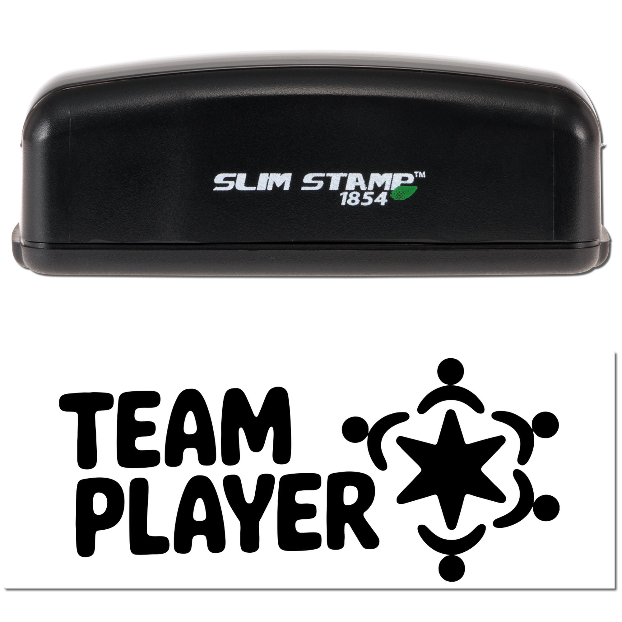 Slim Stamp 1854 self-inking rubber stamp with Team Player design for office recognition and team branding.