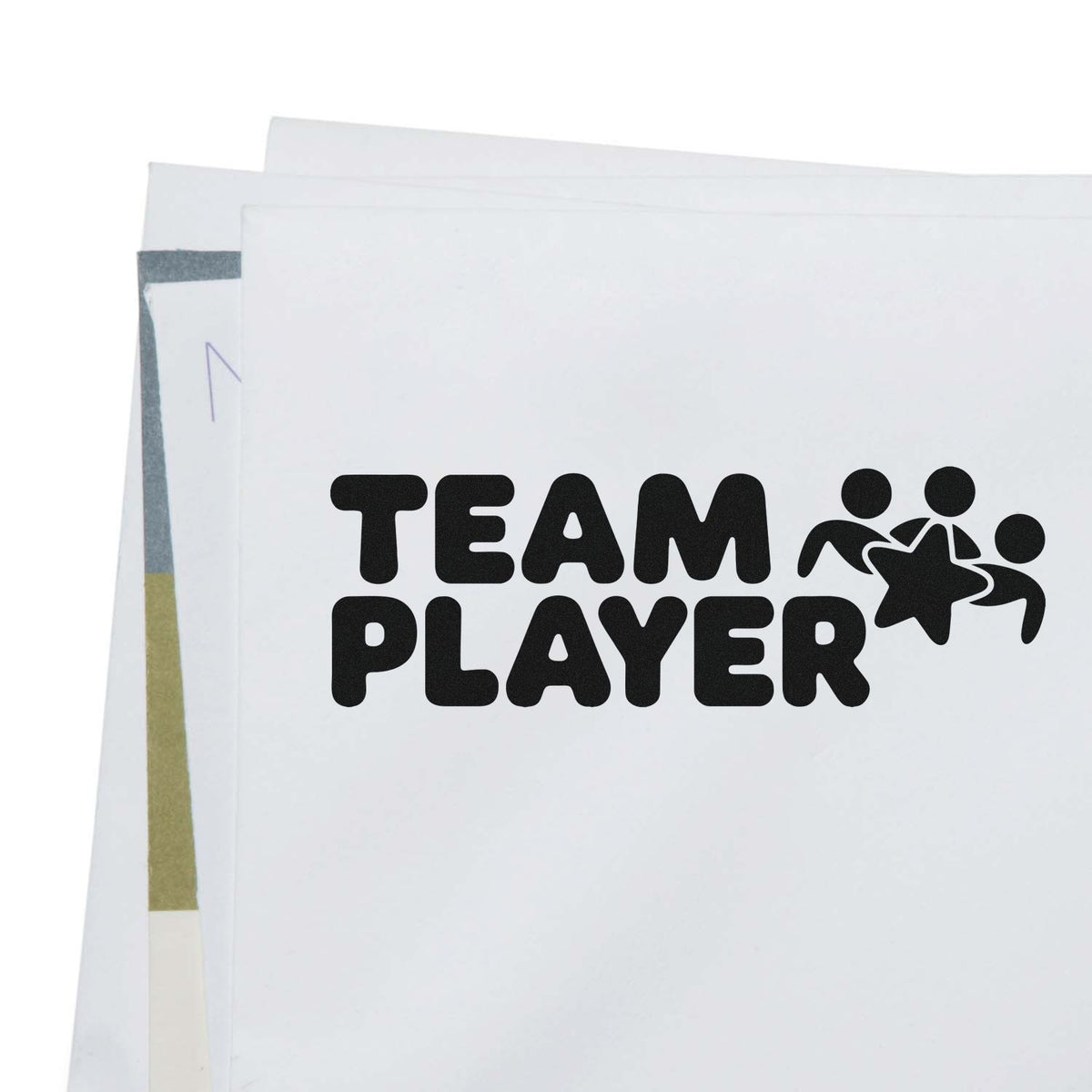 Team Player rubber stamp design with bold black text and teamwork icon for office, school, or motivational use.