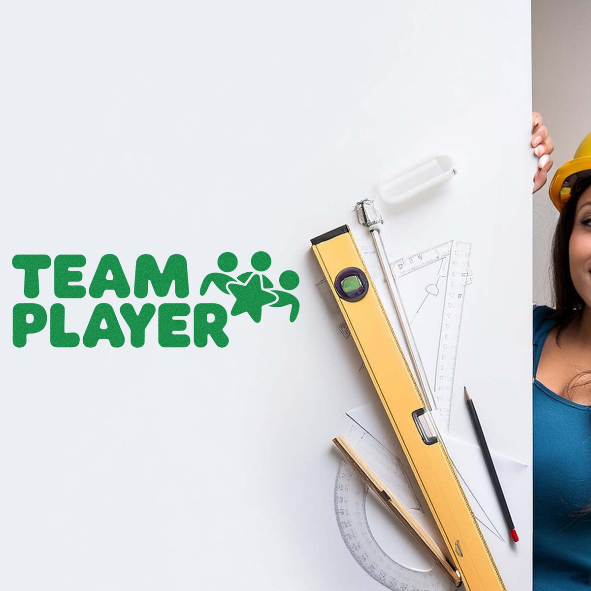 Team Player rubber stamp design with green text and group icon, ideal for team-building, school, and office projects.