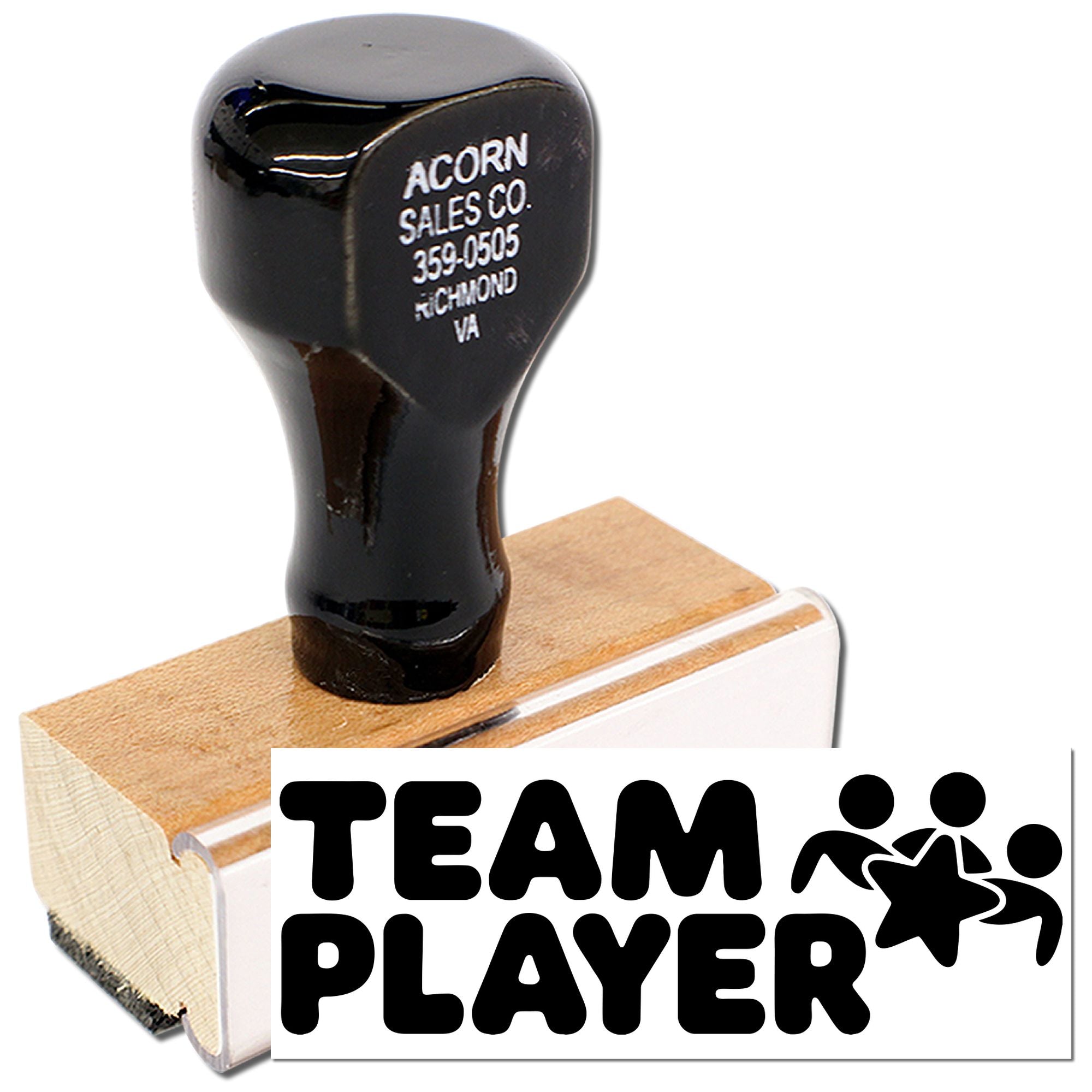 Custom Team Player rubber stamp, wood-mounted, ideal for employee recognition, office teamwork, and branding.