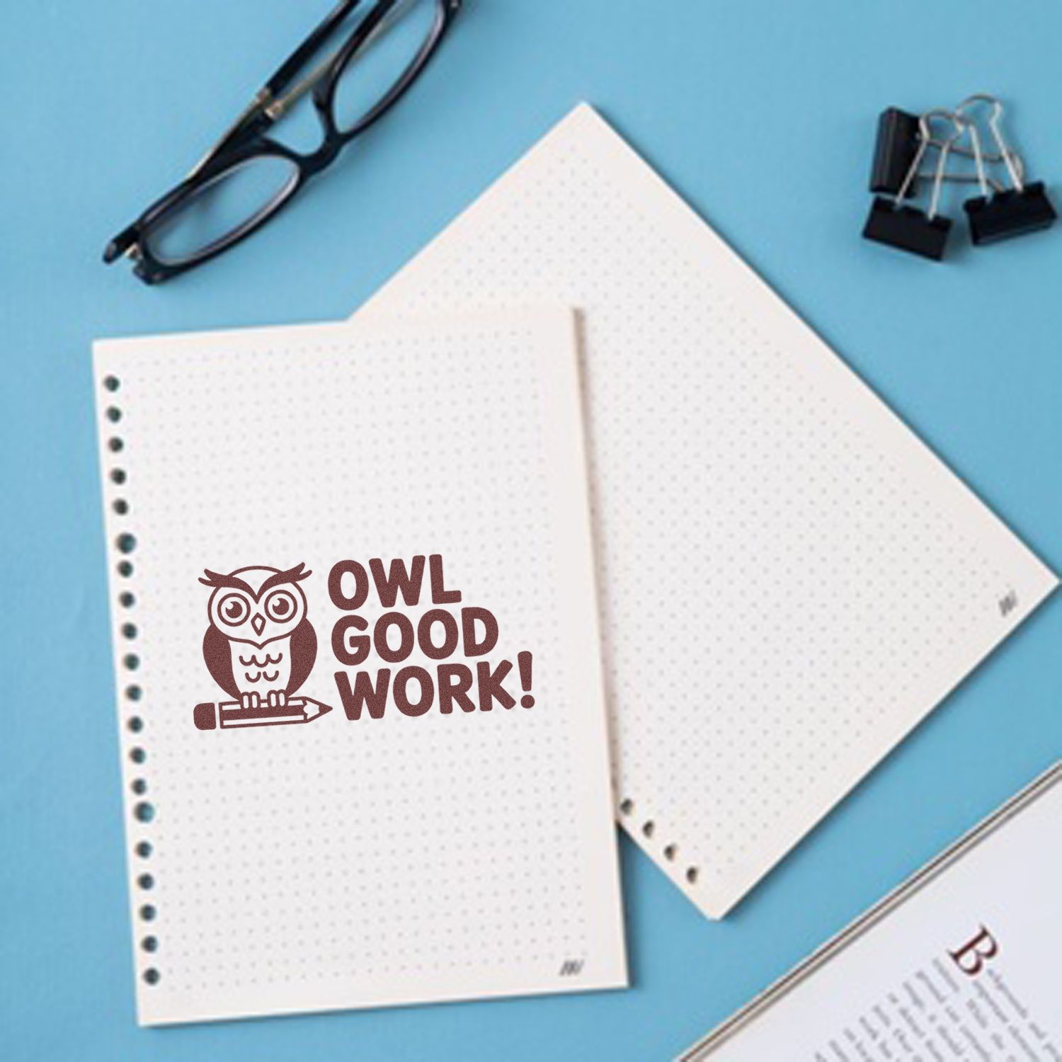 Owl Good Work rubber stamp on dotted notebook pages, ideal for teacher rewards, office praise, and motivational crafting.