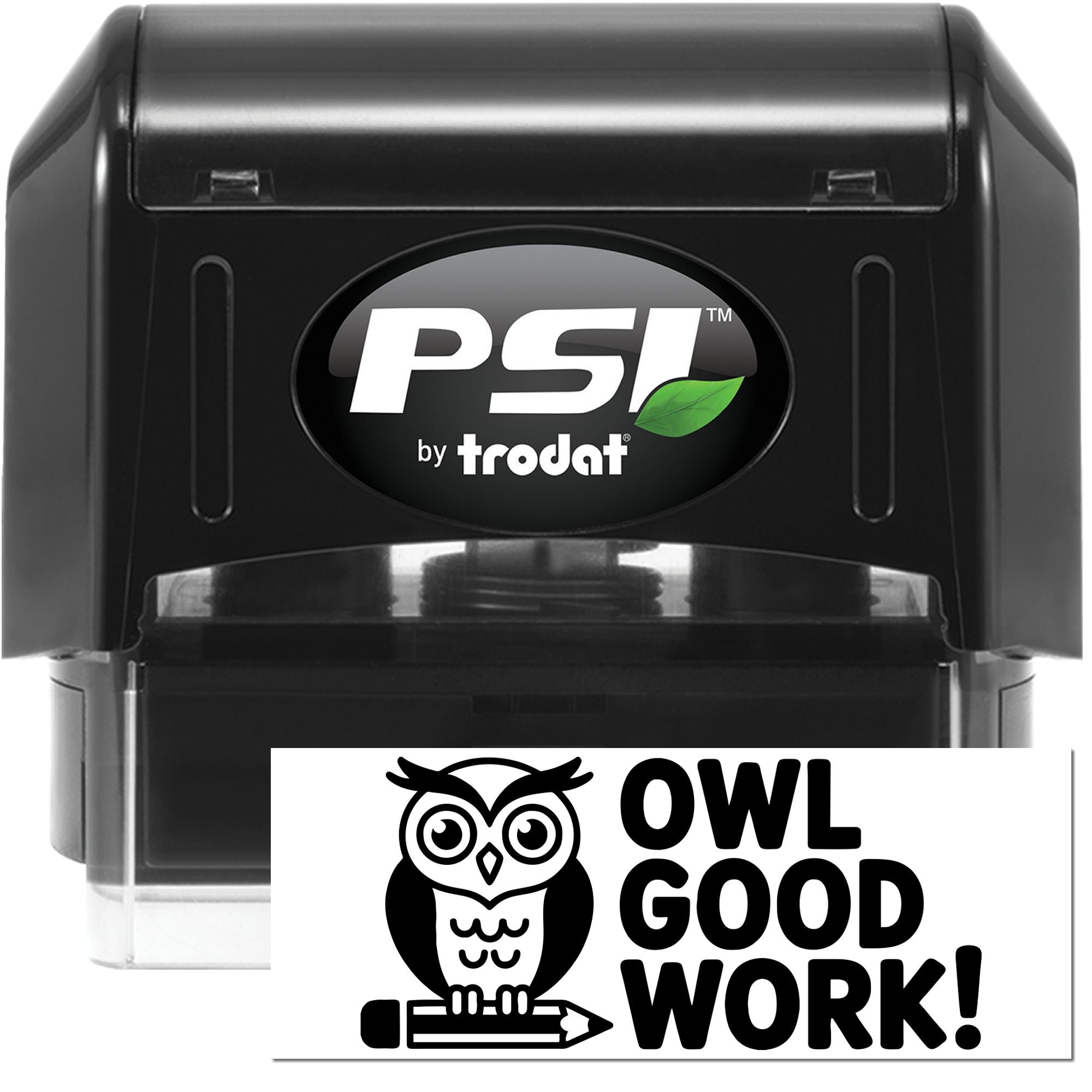 PSI by Trodat self-inking rubber stamp with owl Good Work! design for teacher rewards, office praise, and recognition messages