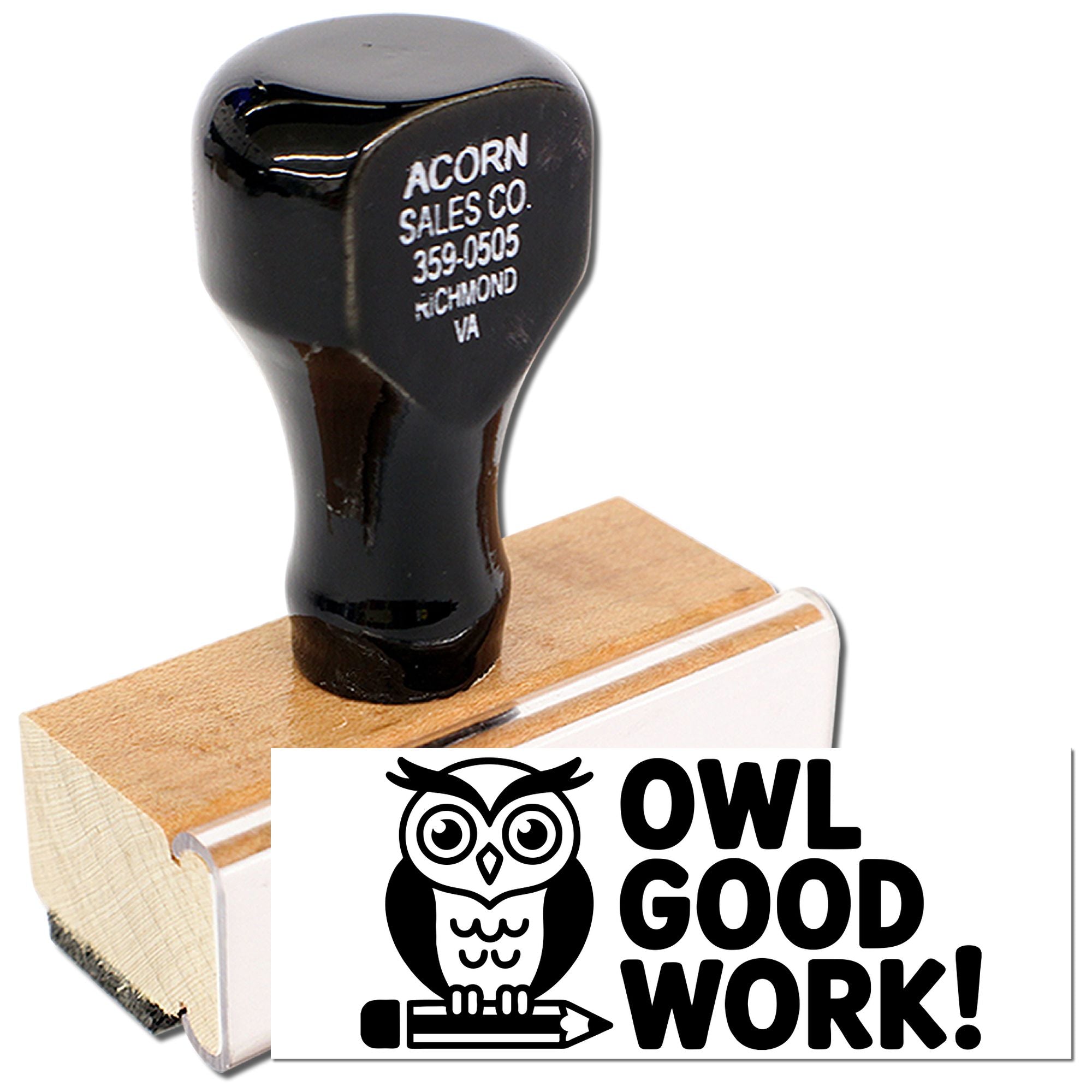 Custom owl rubber stamp with Owl Good Work! design for teacher, office, or craft approval.
