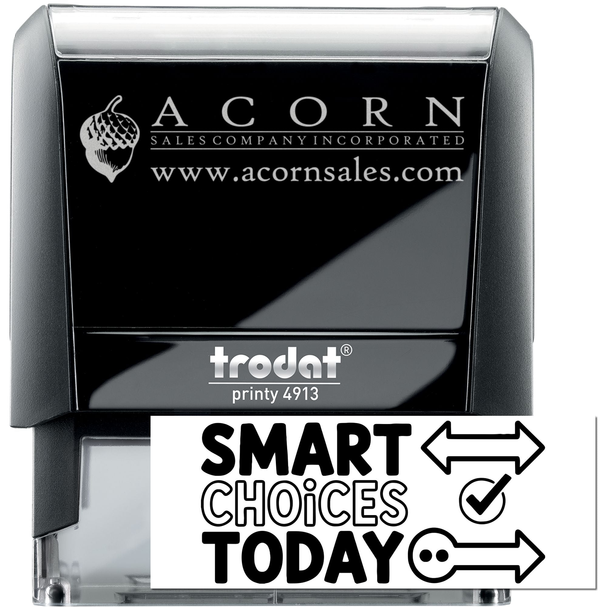 Custom self-inking rubber stamp with Acorn Sales Company logo, website, and slogan on Trodat Printy 4913.