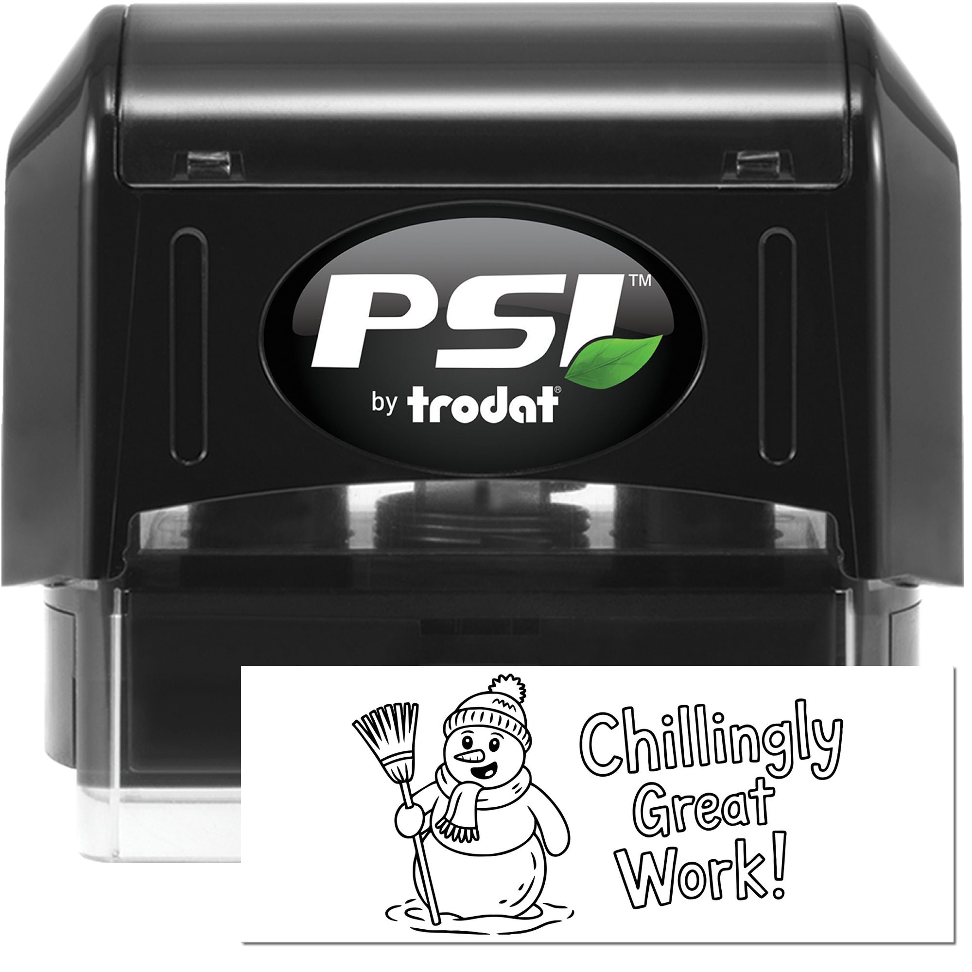 Personalized self-inking rubber stamp with snowman design and Chillingly Great Work! message for teacher rewards and encouragement.