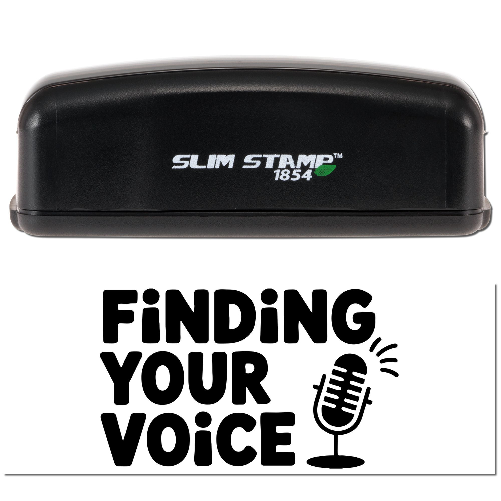 Slim Stamp 1854 self-inking custom rubber stamp with Finding Your Voice microphone design for events and branding.