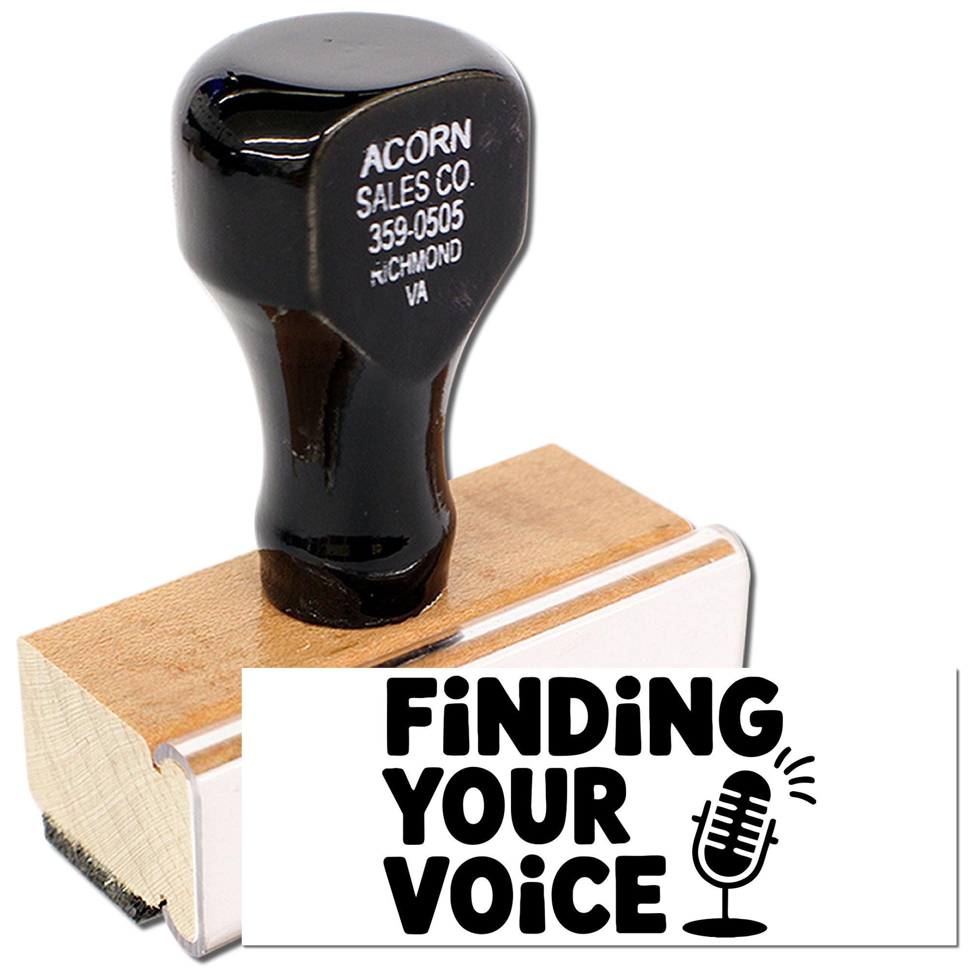 Custom rubber stamp with Finding Your Voice text and microphone icon for branding, marketing, or coaching materials.