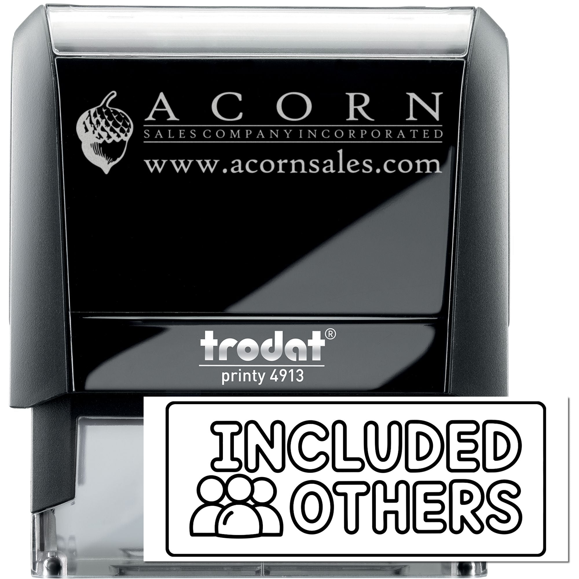 Custom self-inking rubber stamp for Acorn Sales Company with logo, website, and Included Others imprint.