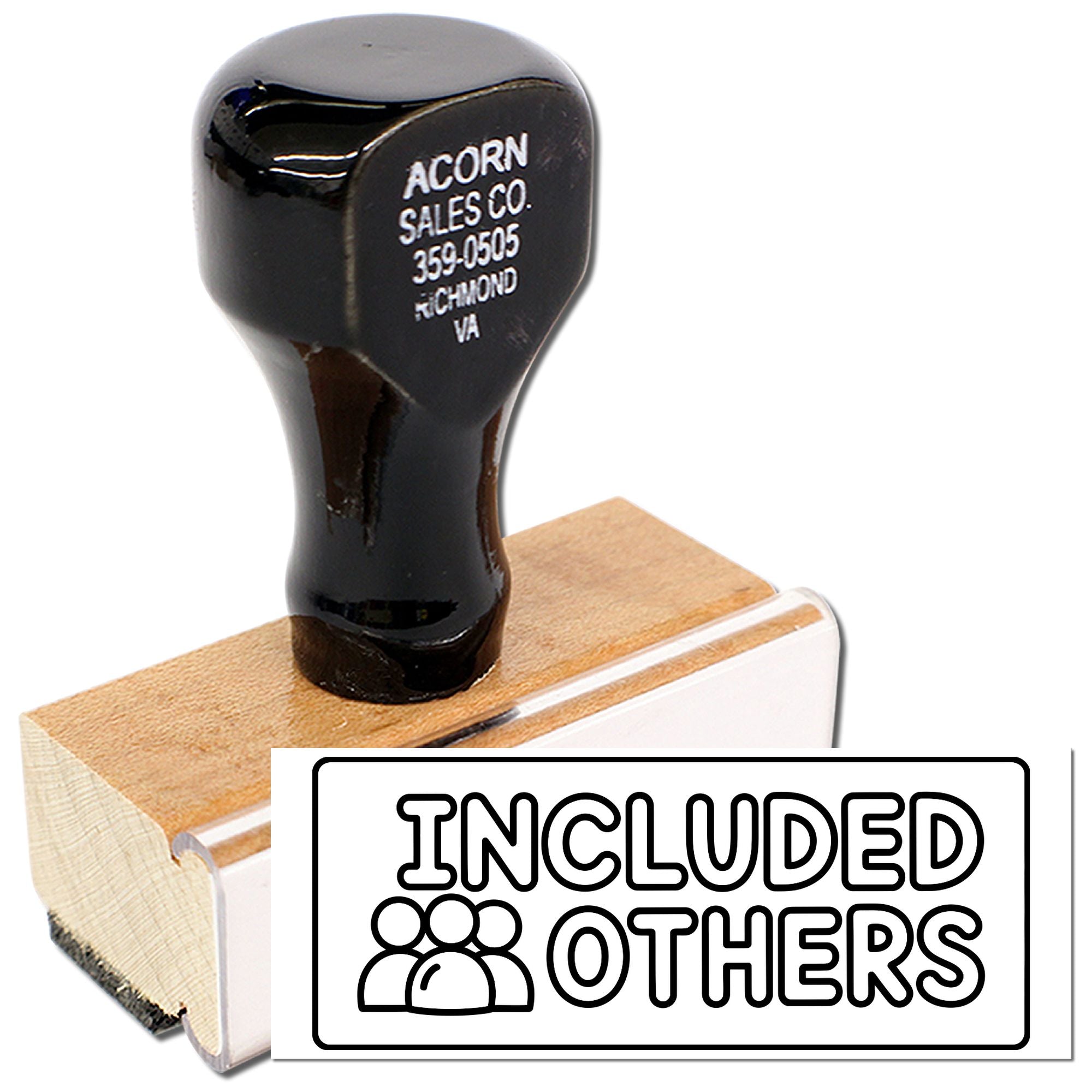 Custom rubber stamp with wooden handle for business branding, featuring an Included Others icon design.