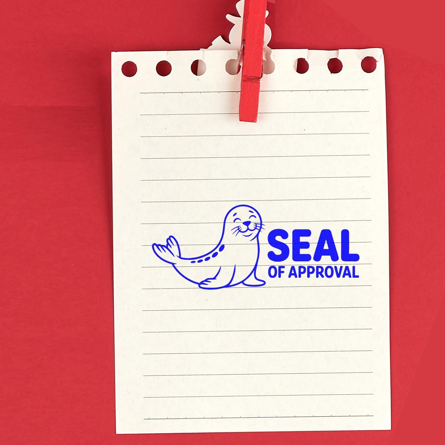 Custom rubber stamp design with seal of approval graphic on lined paper, ideal for document approval and branding.