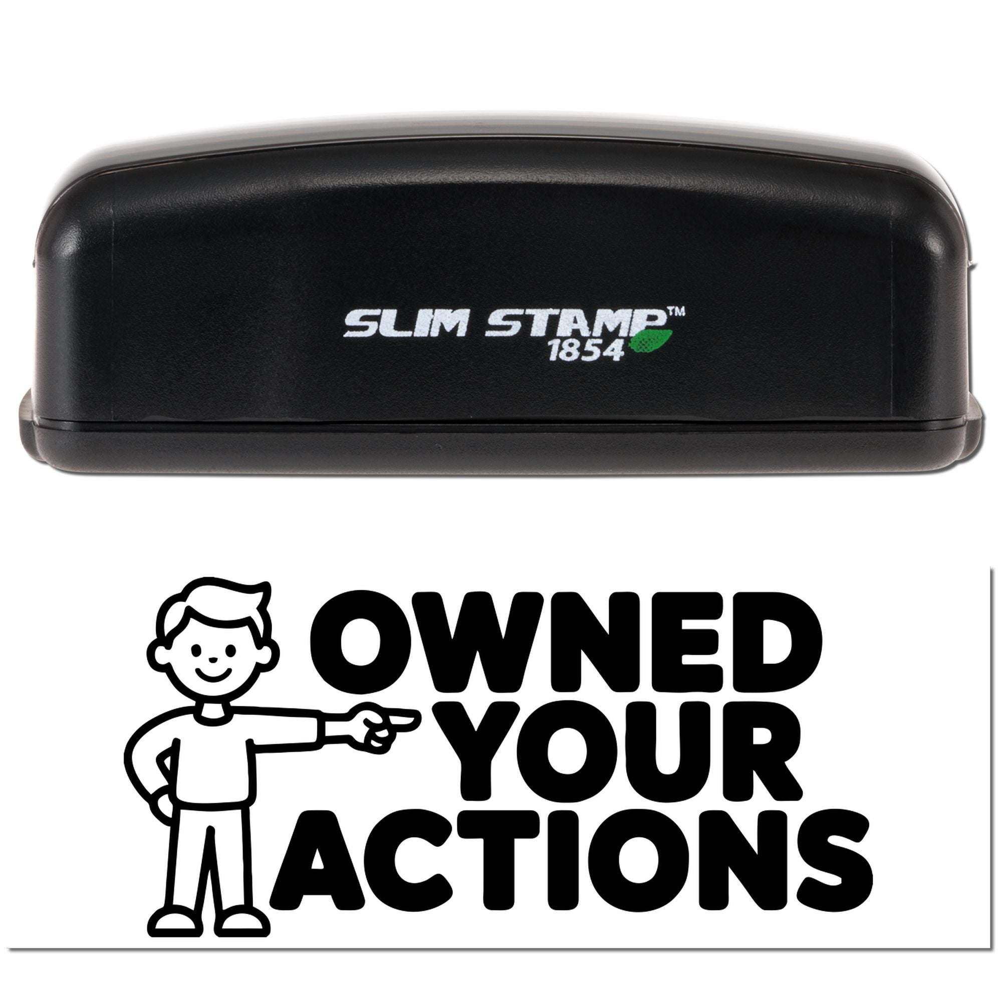 Slim Stamp 1854 self-inking rubber stamp showing the Owned Your Actions custom imprint.