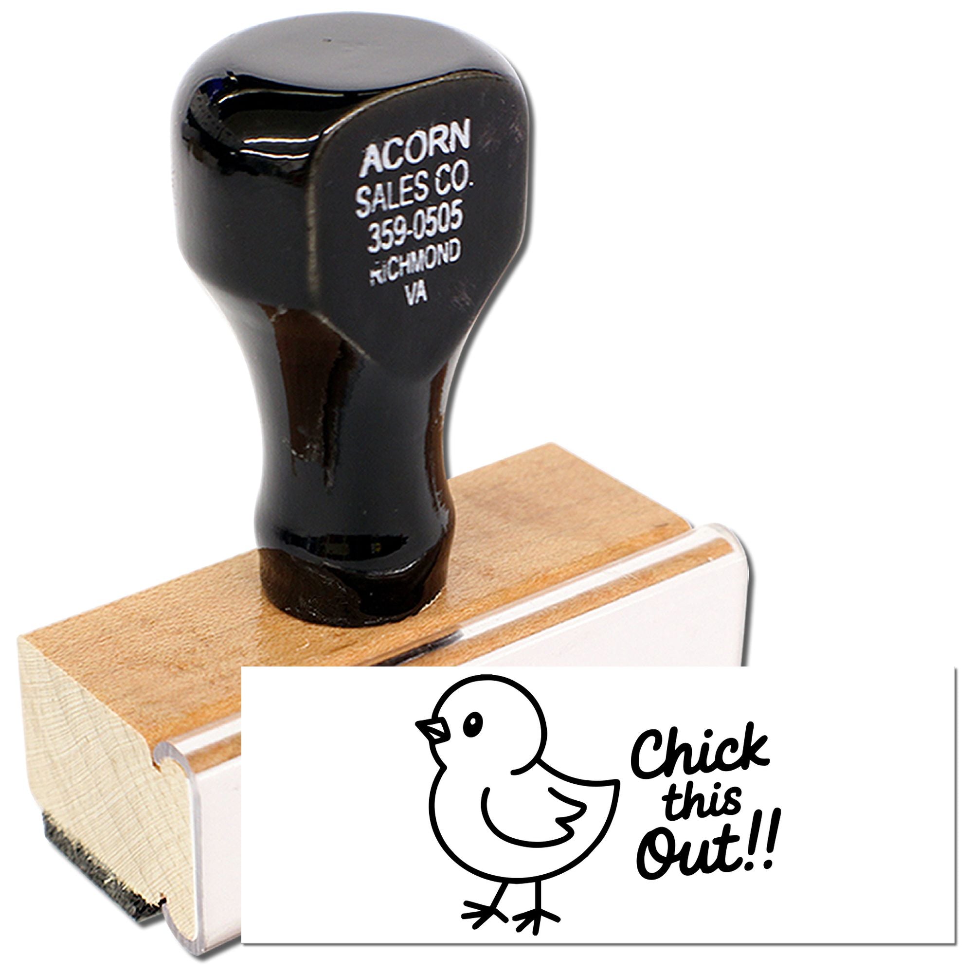 Custom rubber stamp with chick illustration and Chick this Out!! text for fun craft, business, or packaging branding.