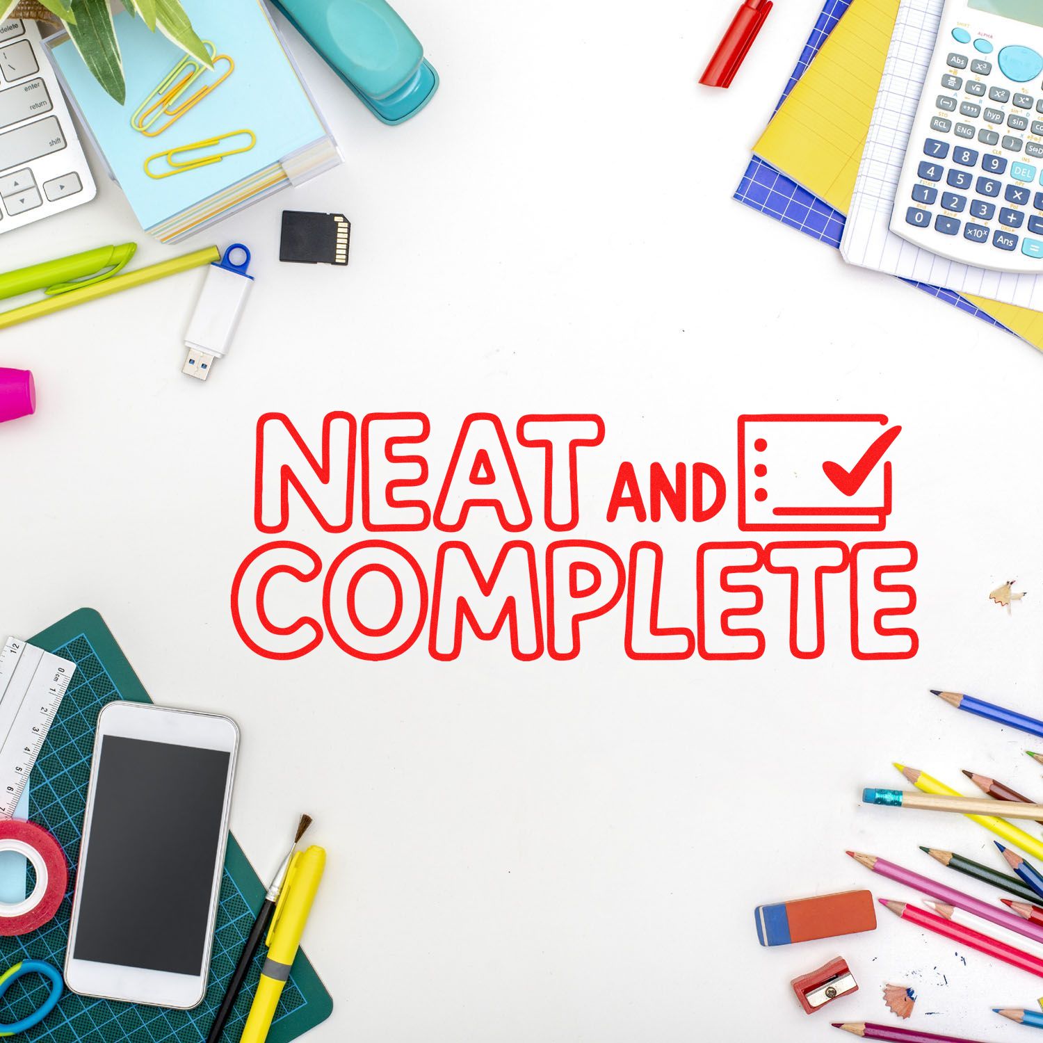 Neat and Complete rubber stamp design on a white desk with office supplies, perfect for school and business organization.