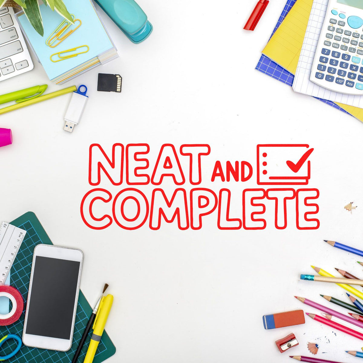 Neat and complete rubber stamp design with checkmark for organized office paperwork, school projects, and approval marking.