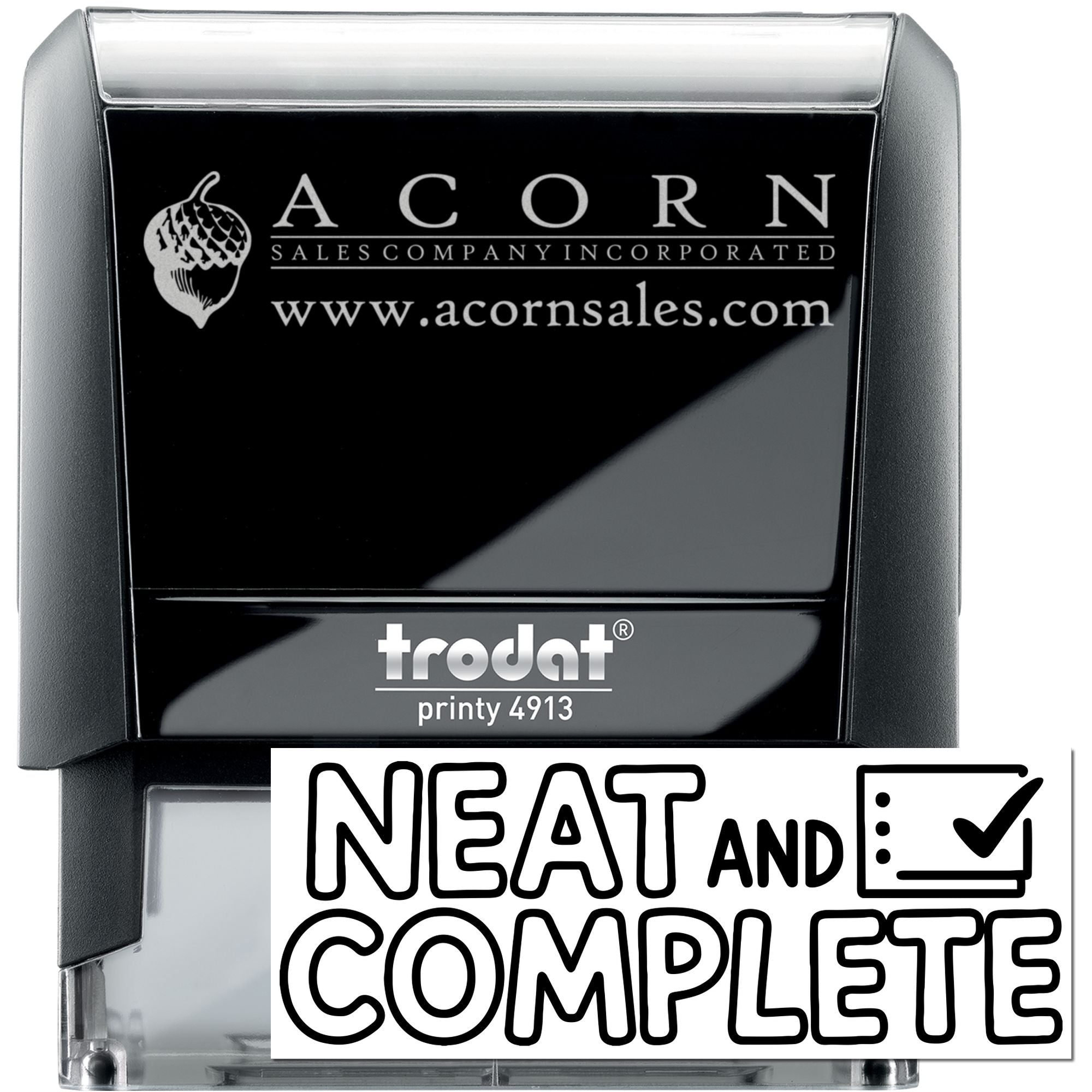 Custom self-inking rubber stamp with Acorn Sales Company logo and Neat and Complete approval message.