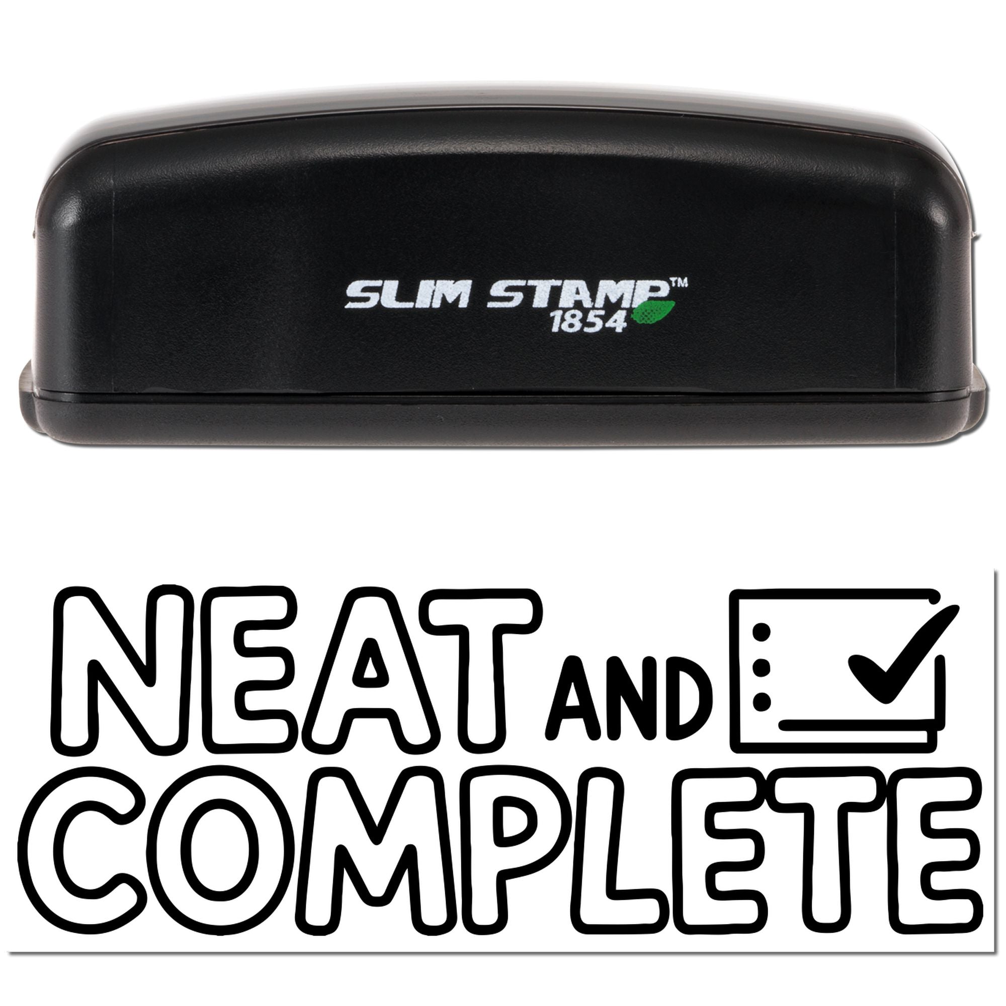 Slim Stamp 1854 rubber stamp showing Neat and Complete design with checklist icon for office approval.