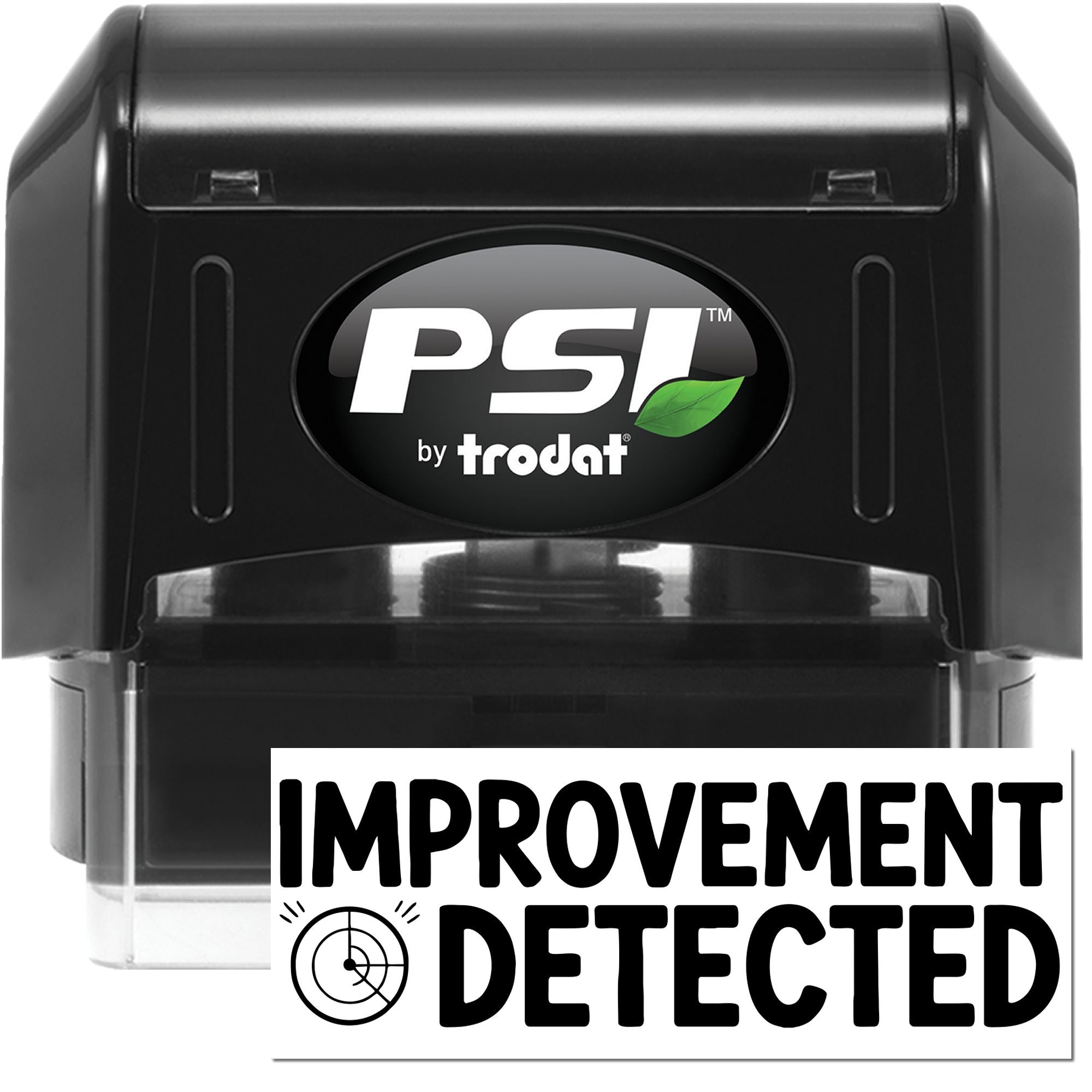 PSI by Trodat self-inking rubber stamp showing Improvement Detected for quality control, inspection, and approval marking.
