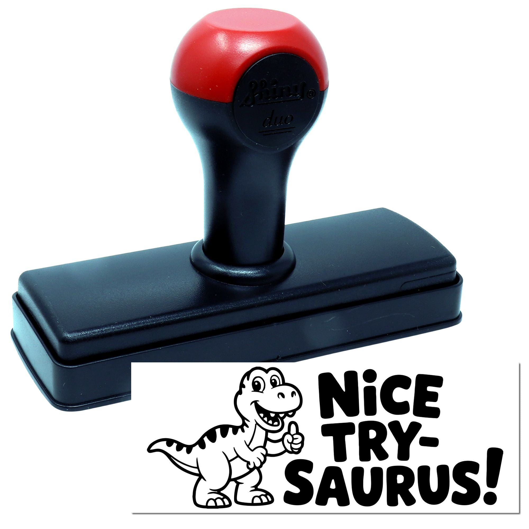 Self-inking rubber stamp with Nice Try-Saurus! dinosaur design for teacher grading and fun feedback.