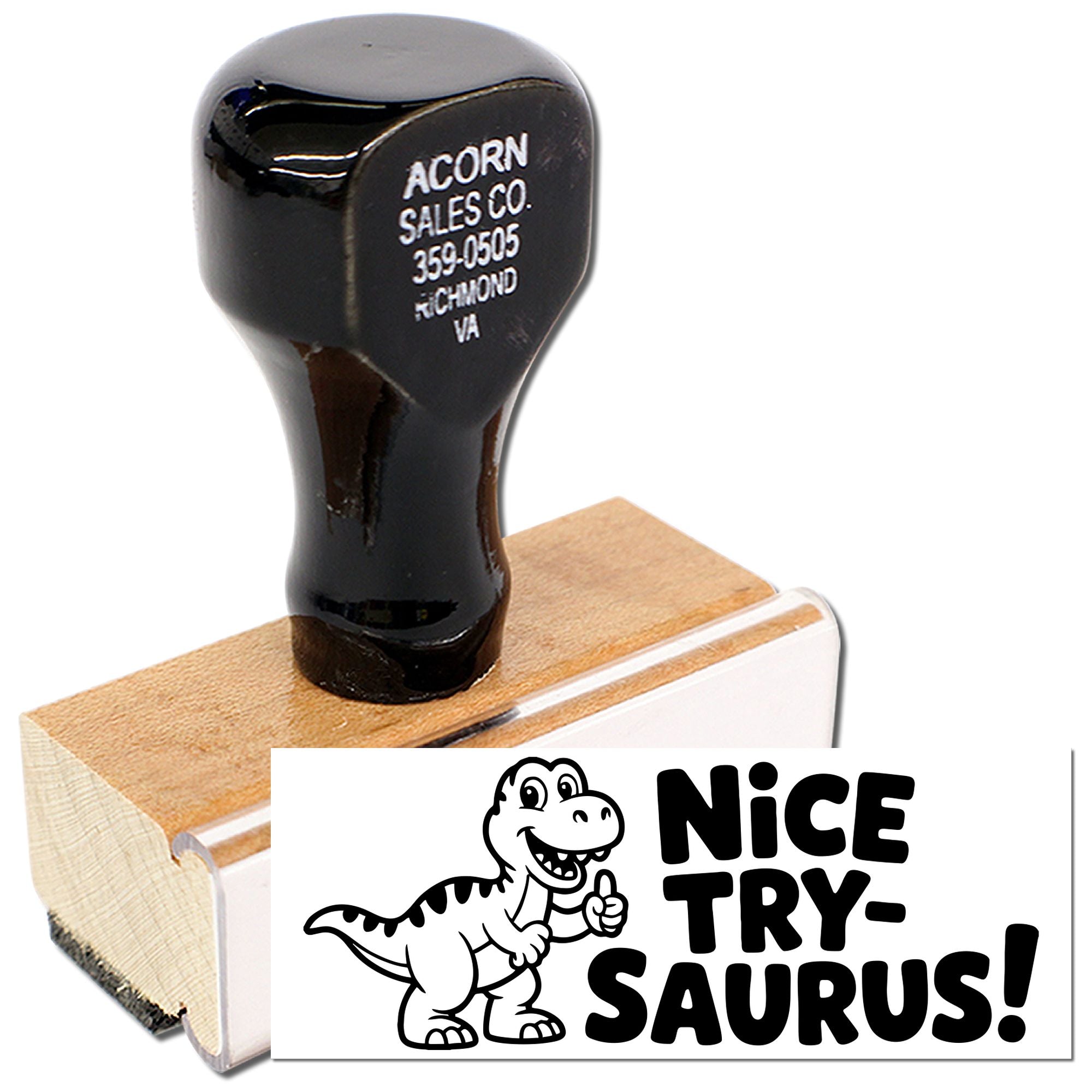 Custom self-inking rubber stamp with dinosaur Nice Try, Saurus! imprint for business branding