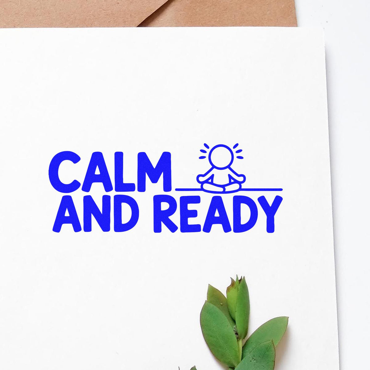 Blue Calm and Ready rubber stamp with meditating icon, perfect for mindfulness packaging and stationery branding.
