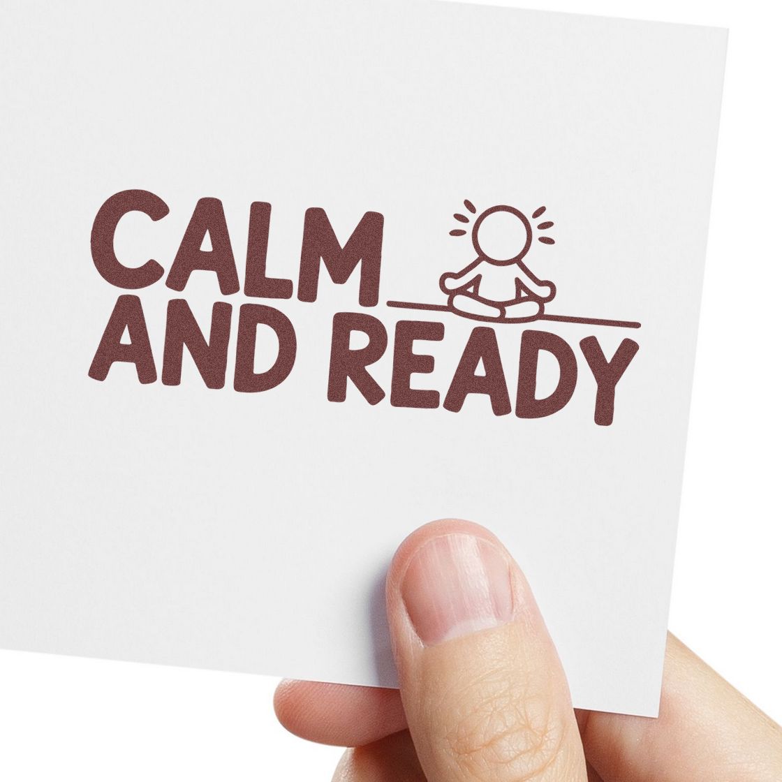 Calm and Ready rubber stamp design with meditation icon on a white card held in hand.