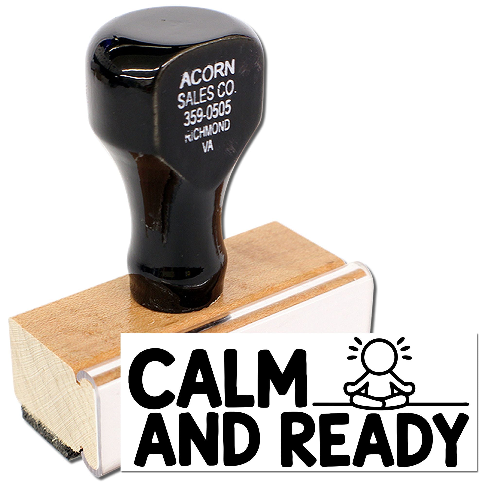Custom rubber stamp featuring Calm and Ready design for mindfulness branding, packaging, and small business use.