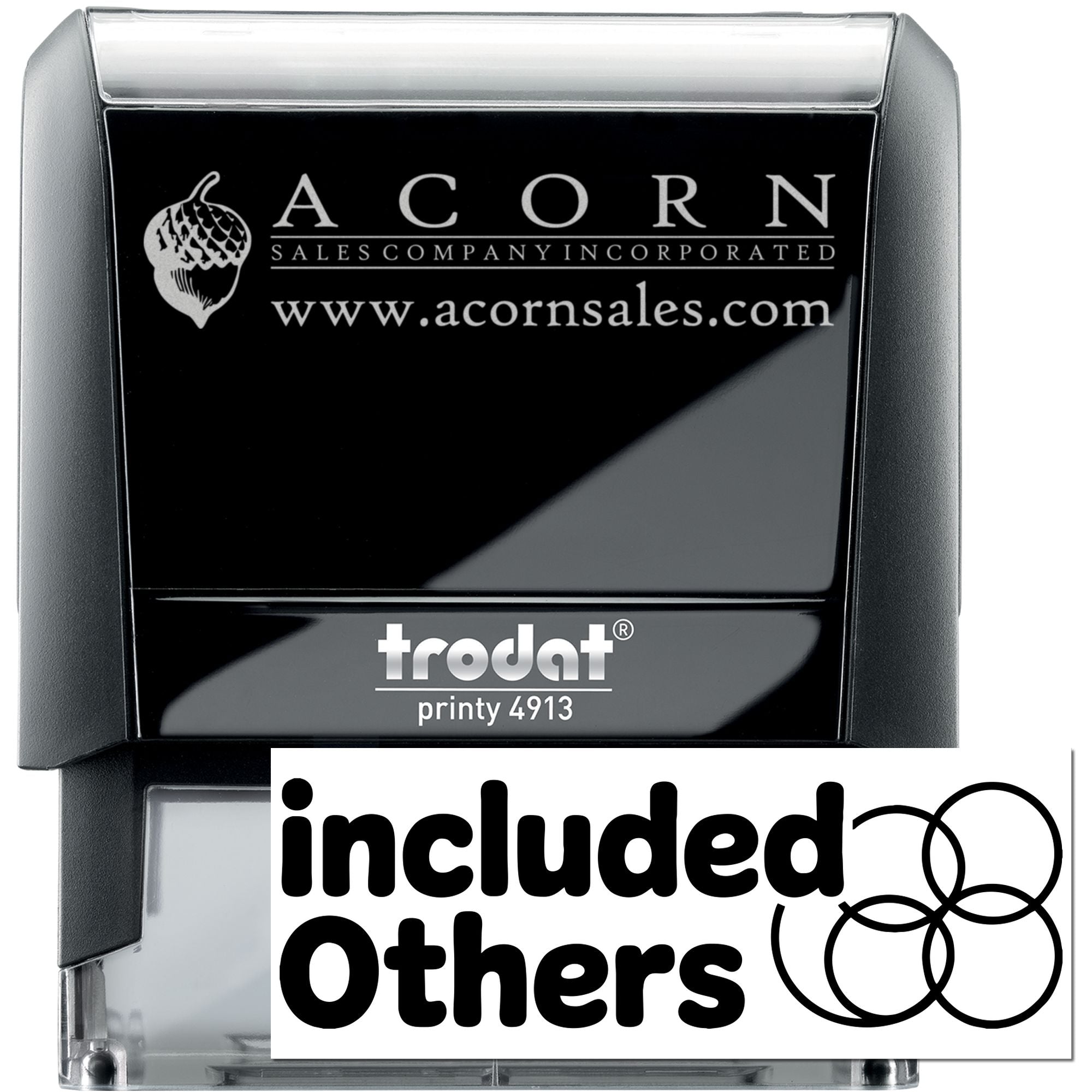 Custom self-inking business rubber stamp with logo, Trodat Printy 4913, designed for Acorn Sales Company.