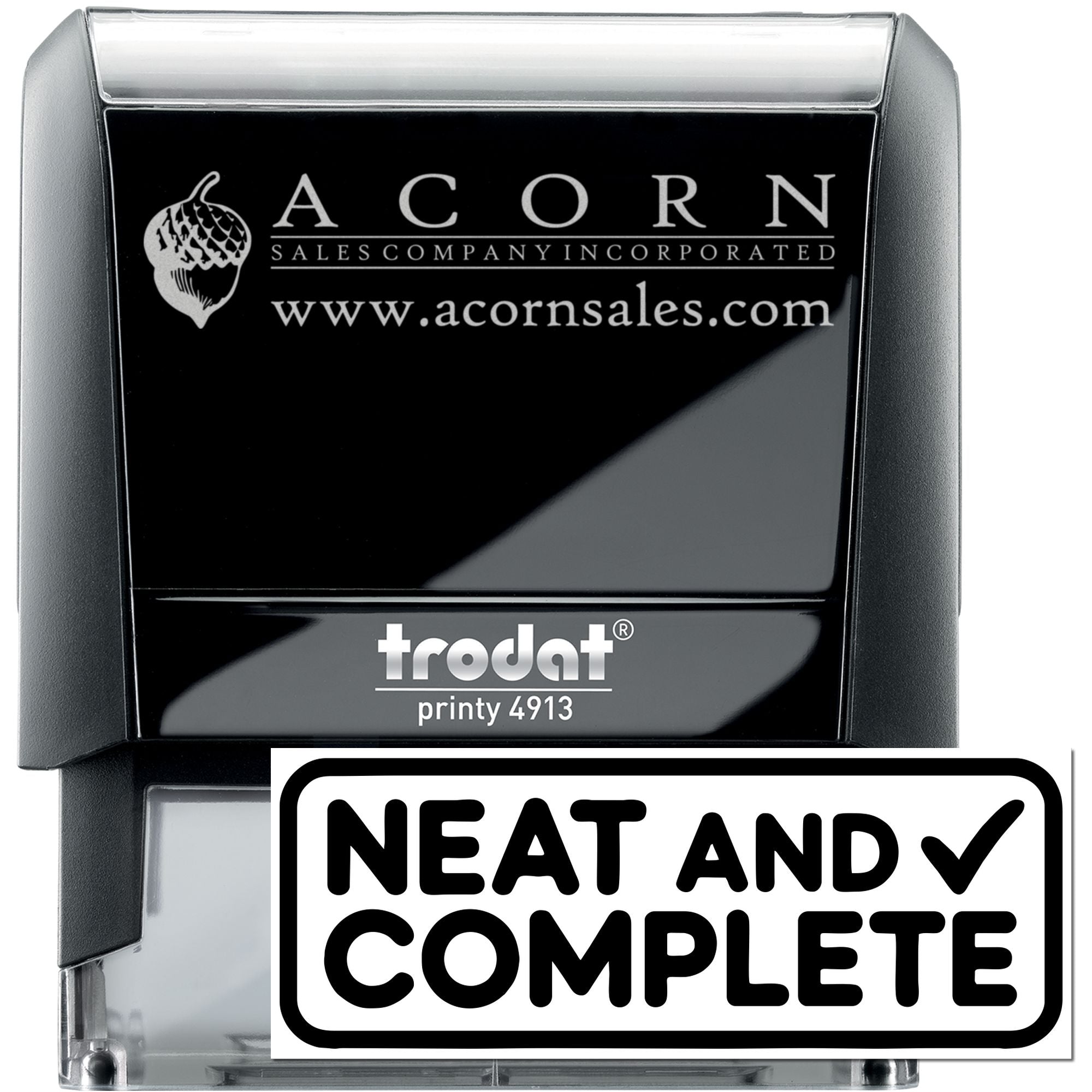 Custom Trodat Printy 4913 self-inking rubber stamp featuring Acorn Sales logo, website, and Neat and Complete design.