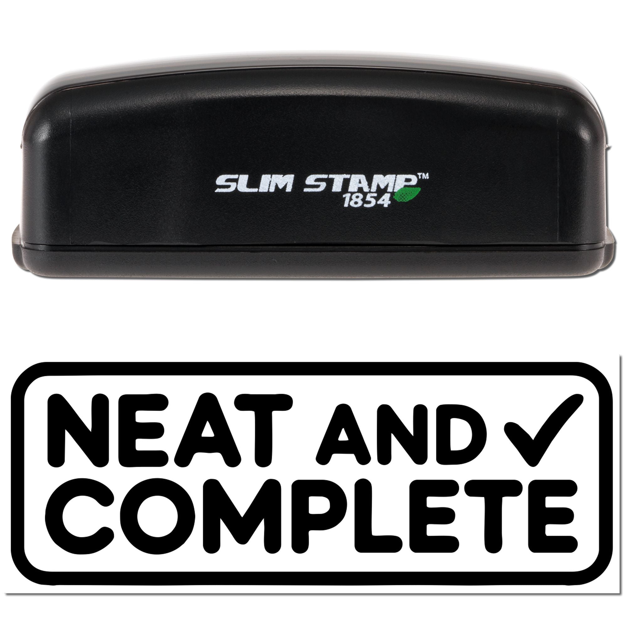 Slim Stamp 1854 self-inking rubber stamp with Neat and Complete imprint sample