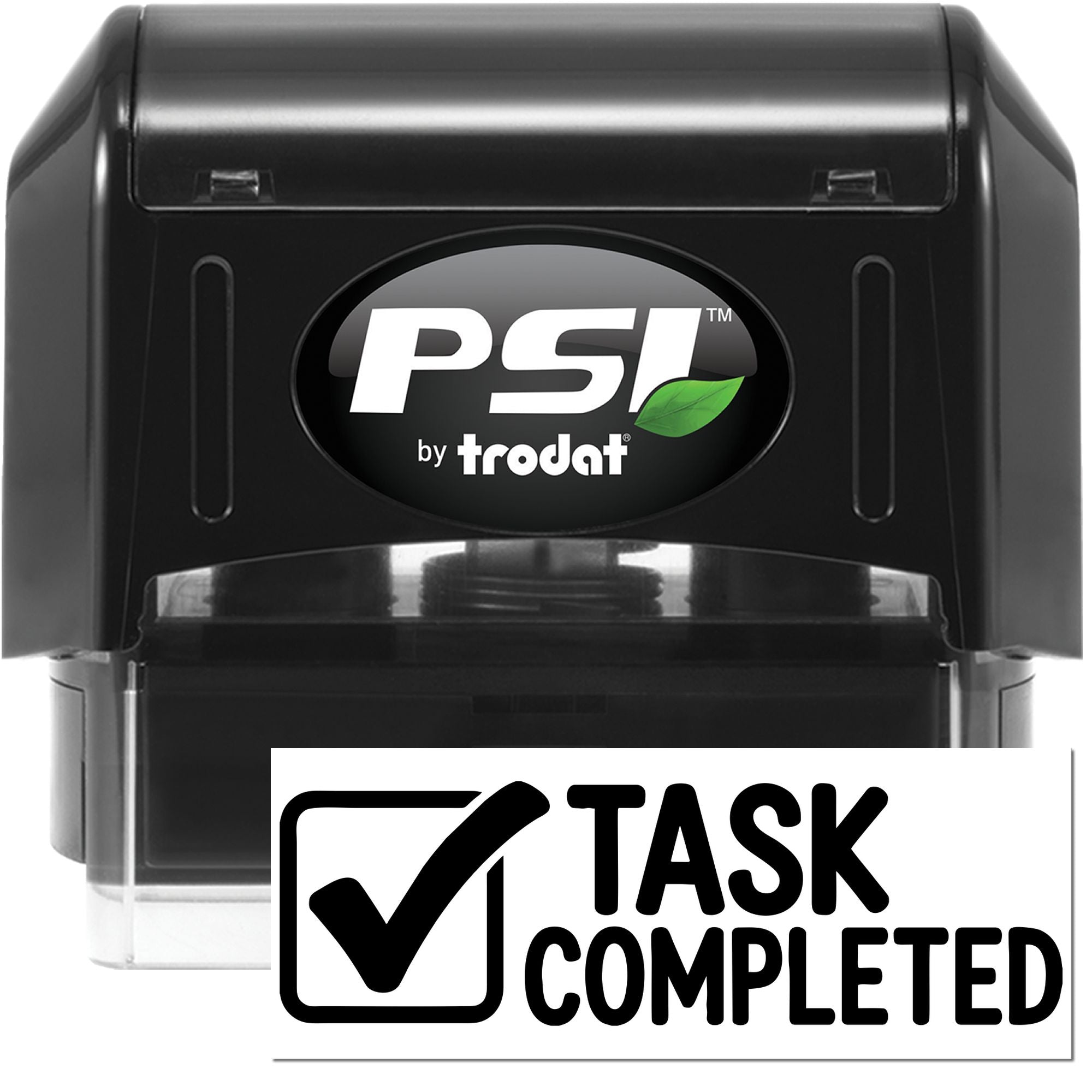 PSI by Trodat self-inking rubber stamp with Task Completed checkmark for office workflow and approval marking.