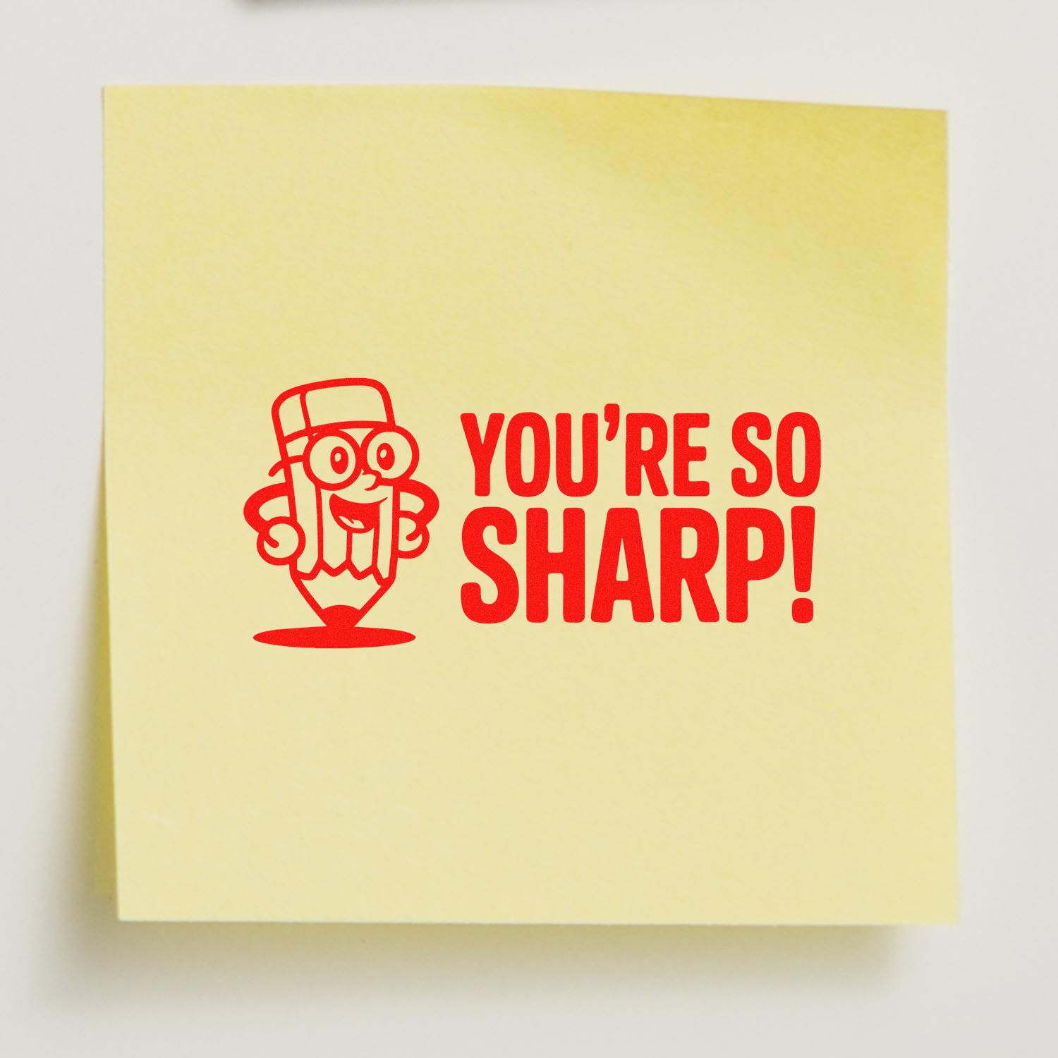 Funny rubber stamp design reading Youre So Sharp! with pencil character, perfect for teacher, school, and office notes.