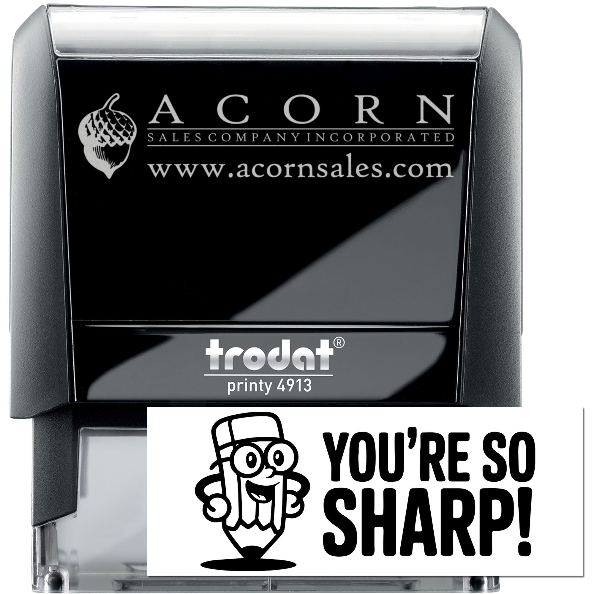Trodat Printy 4913 self-inking rubber stamp with custom logo and Youre So Sharp! imprint