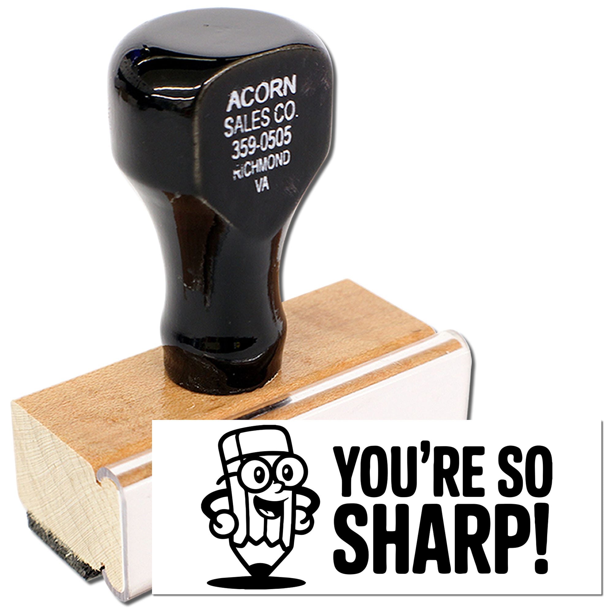 Custom wooden rubber stamp with bold Youre So Sharp! design for crafts, packaging, and business branding.