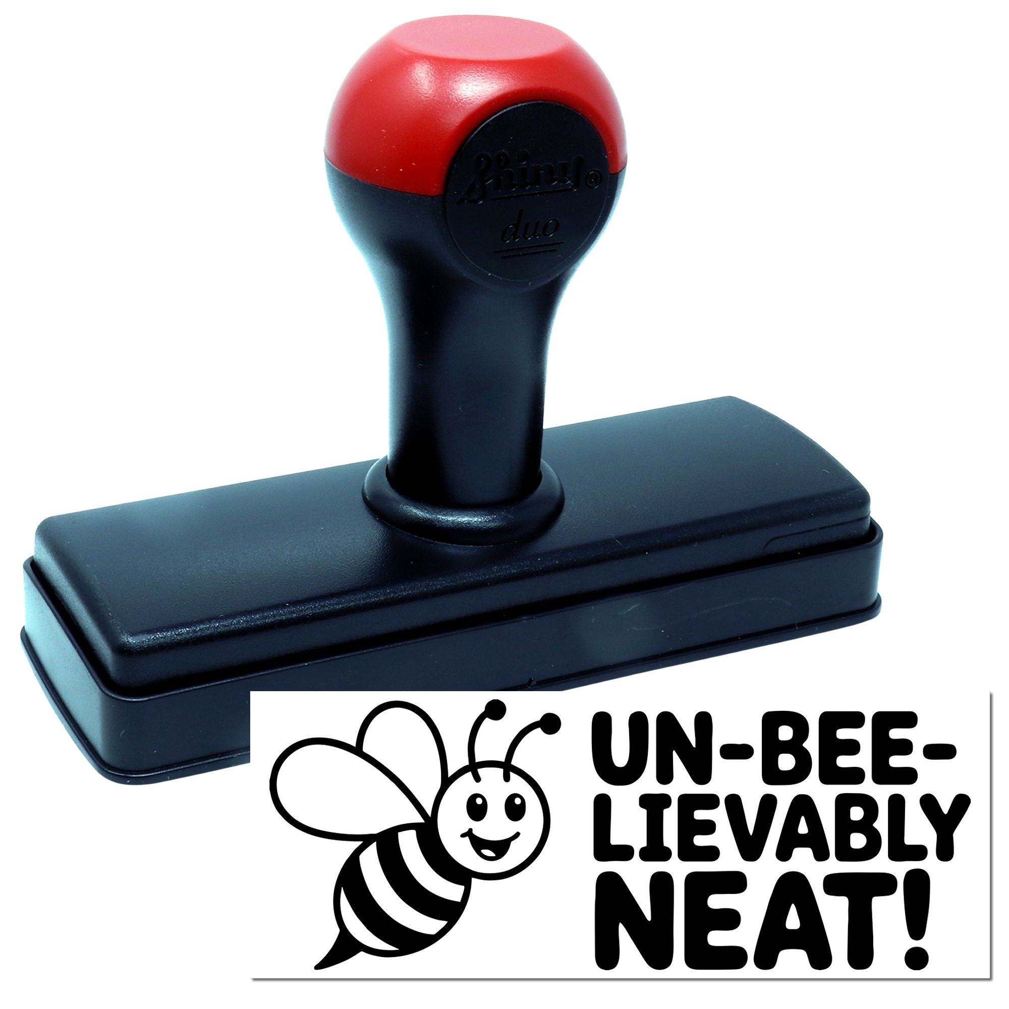 Self-inking rubber stamp with bee graphic and Un-bee-lievably neat impression for custom craft stamping.