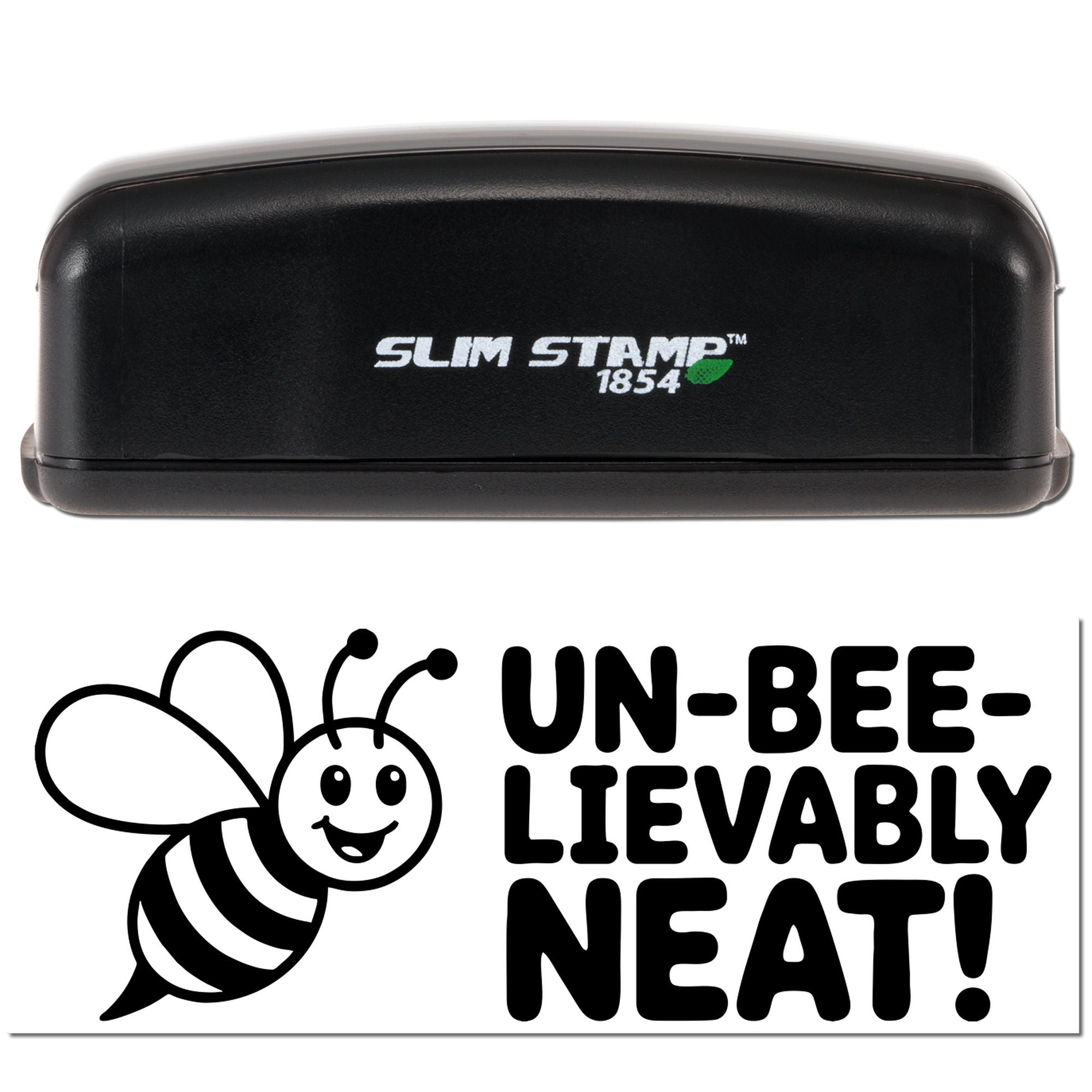 Slim Stamp 1854 self-inking rubber stamp with Un-bee-lievably neat! bee design for fun custom stamping.