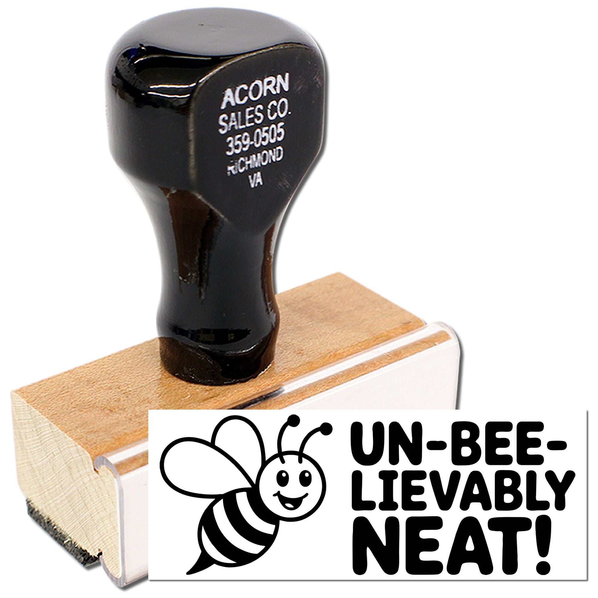 Custom wooden rubber stamp with bee design and Un-bee-lievably Neat message for craft, business, or packaging use.