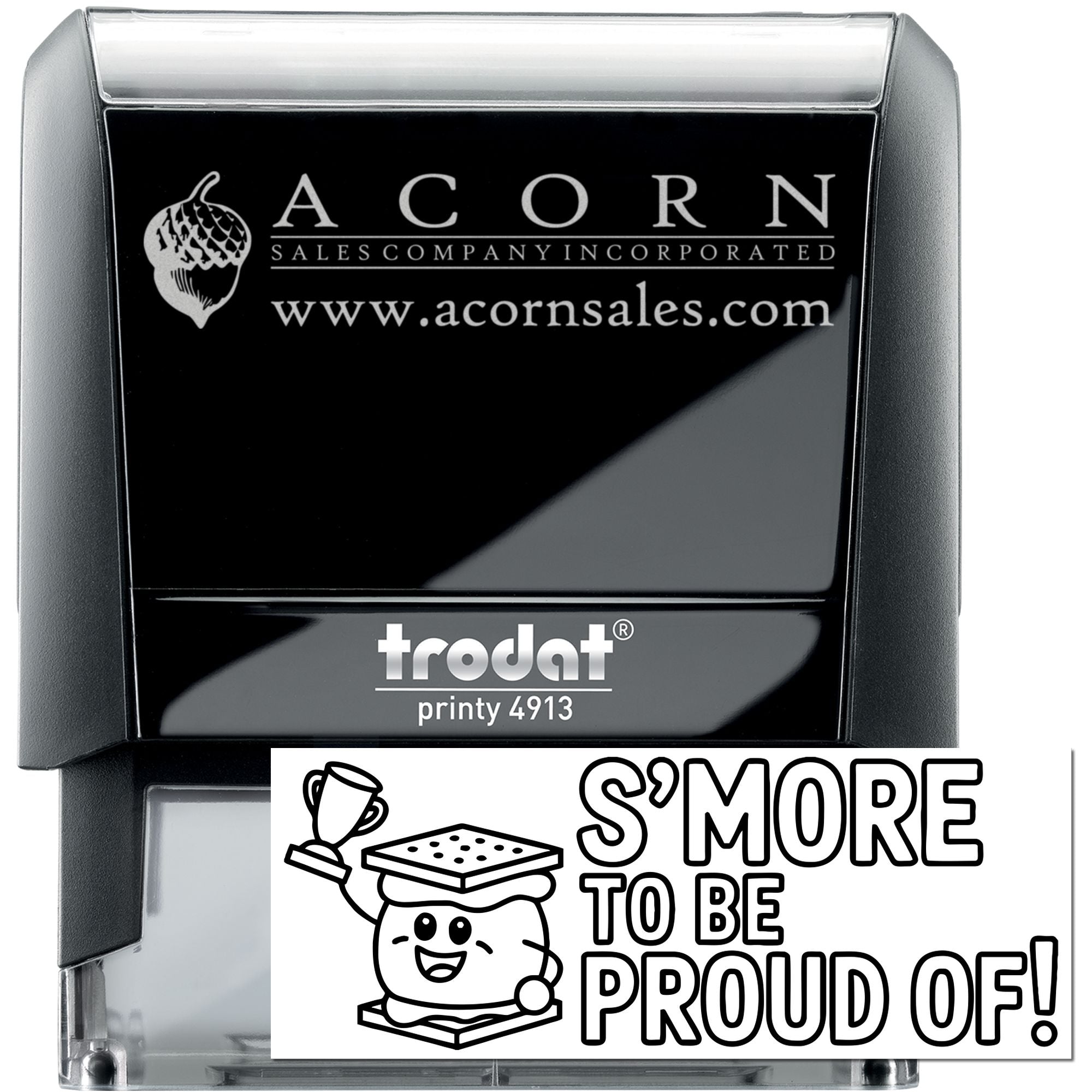Custom self-inking rubber stamp for Acorn Sales Company, Trodat Printy 4913, with logo and website.