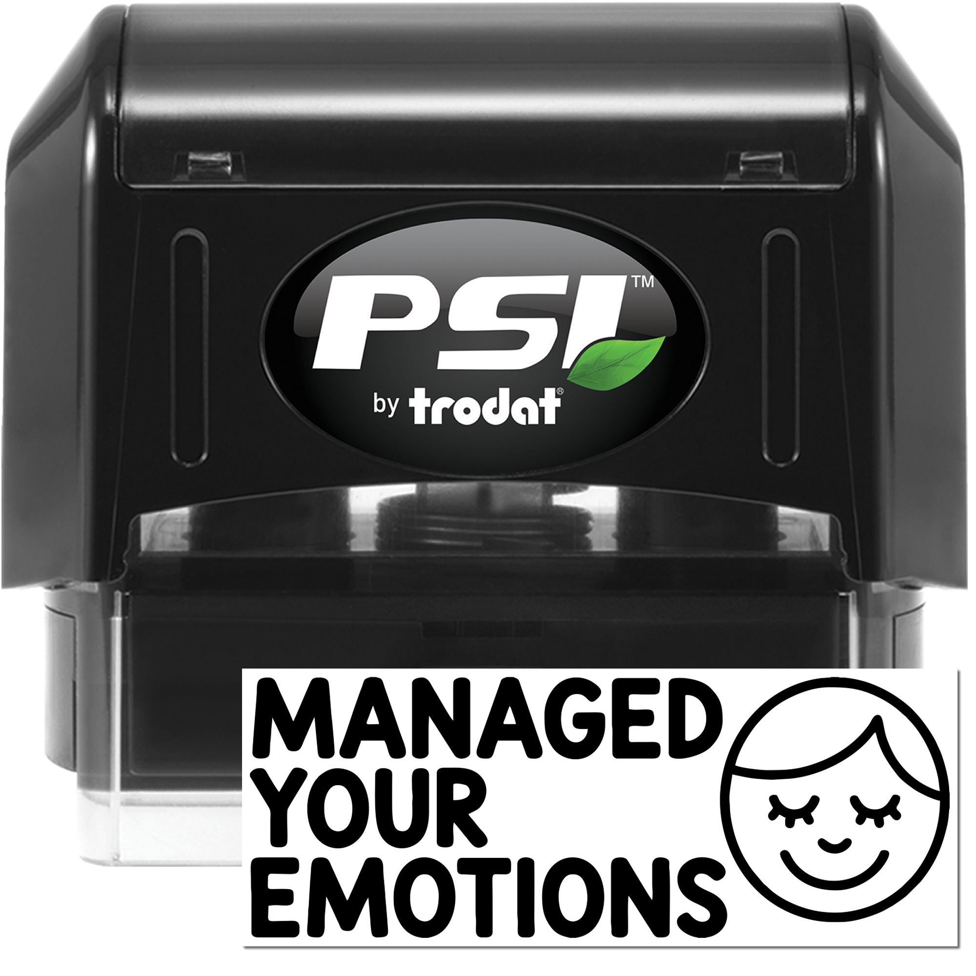 Self-inking PSI by Trodat rubber stamp with Managed Your Emotions text and smiley face icon for office or classroom use