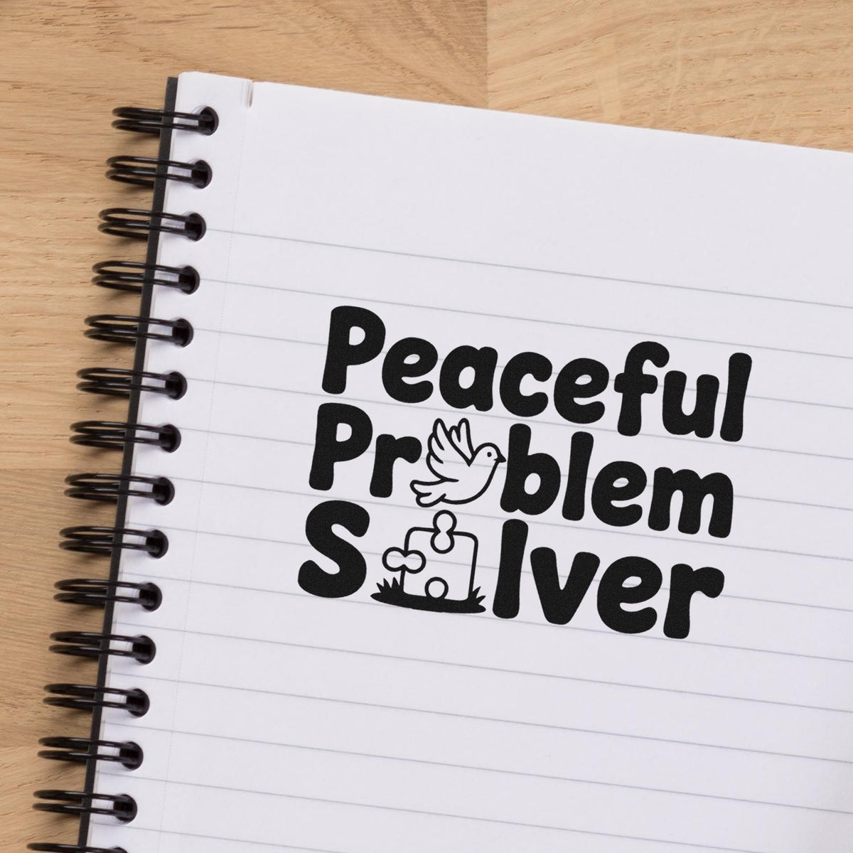 Peaceful Problem Solver rubber stamp design with dove and puzzle piece for planners, journals, and classroom rewards.