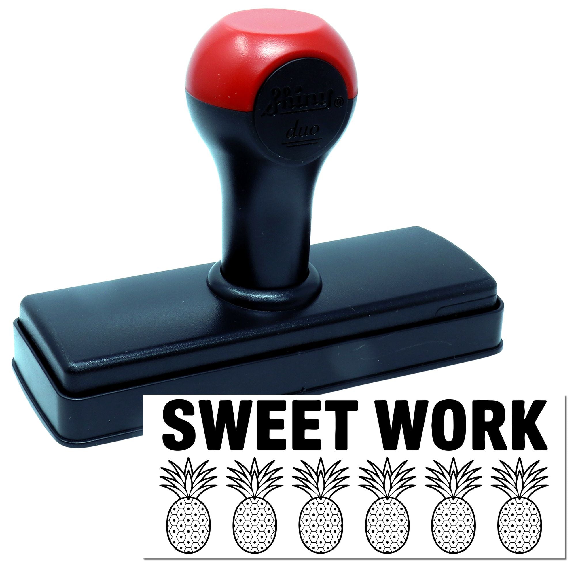 Self-inking rubber stamp with Sweet Work pineapple design for custom branding and packaging.
