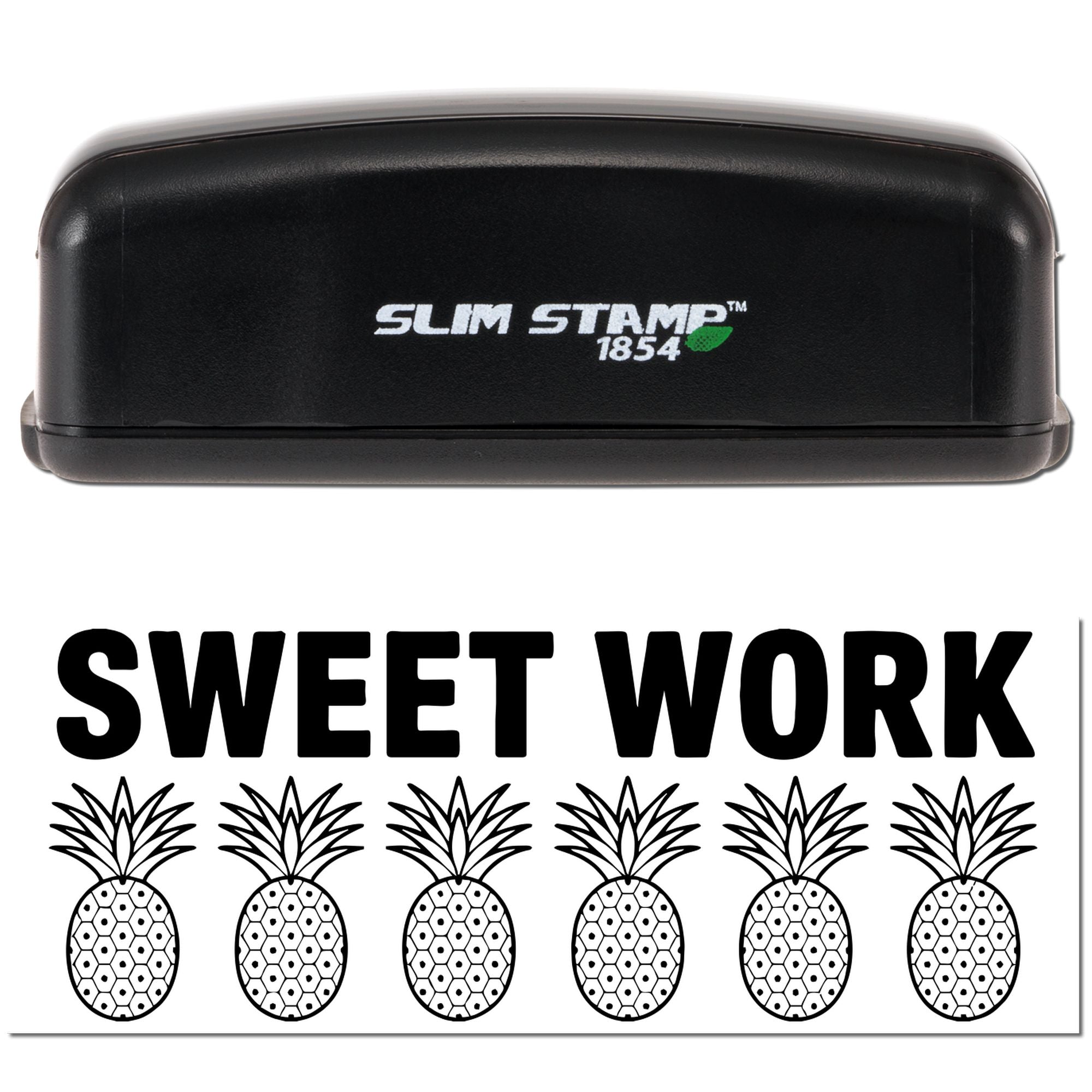 Custom self-inking rubber stamp with Sweet Work text and pineapple design for packaging, branding, or crafts.