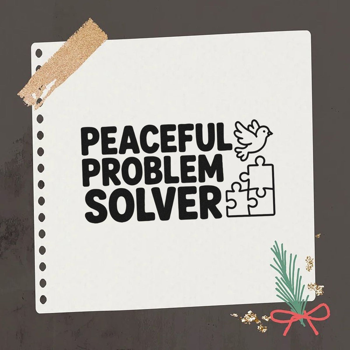 Peaceful Problem Solver rubber stamp design with dove and puzzle pieces for planners, journals, and creative crafts.