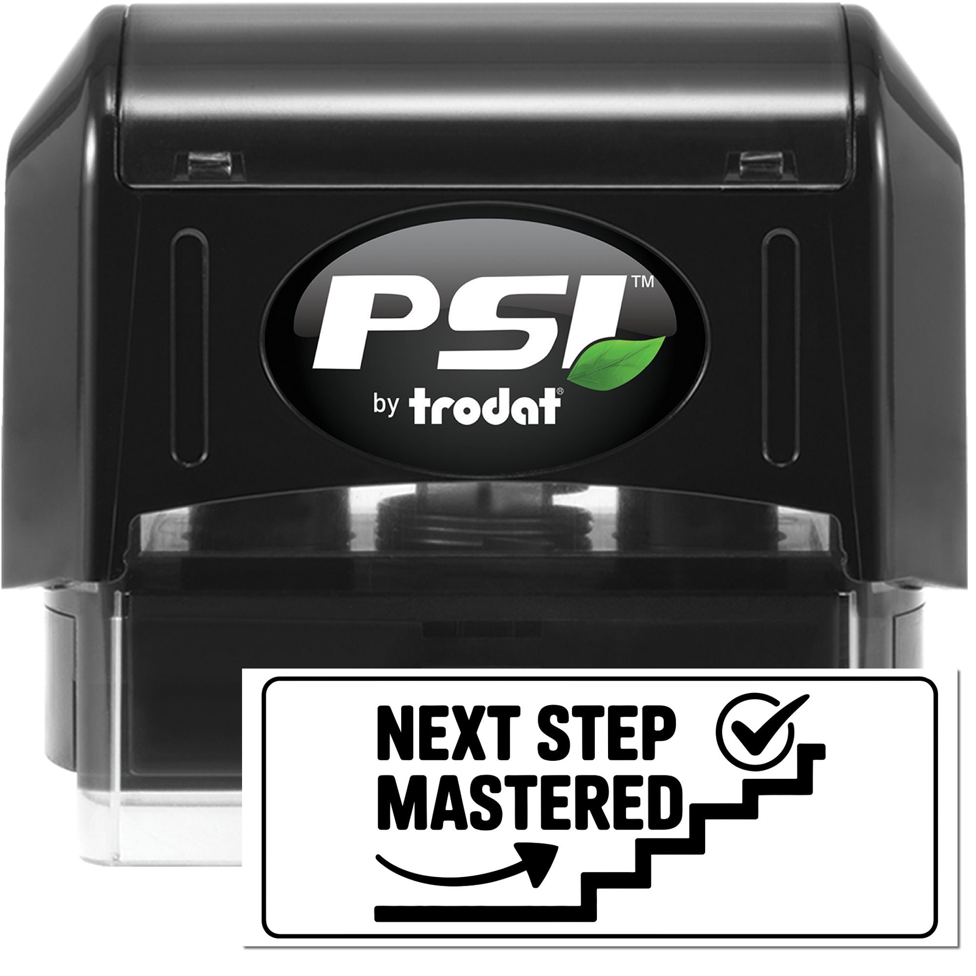 PSI by Trodat self-inking rubber stamp with Next Step Mastered design for office approvals and workflow tracking.