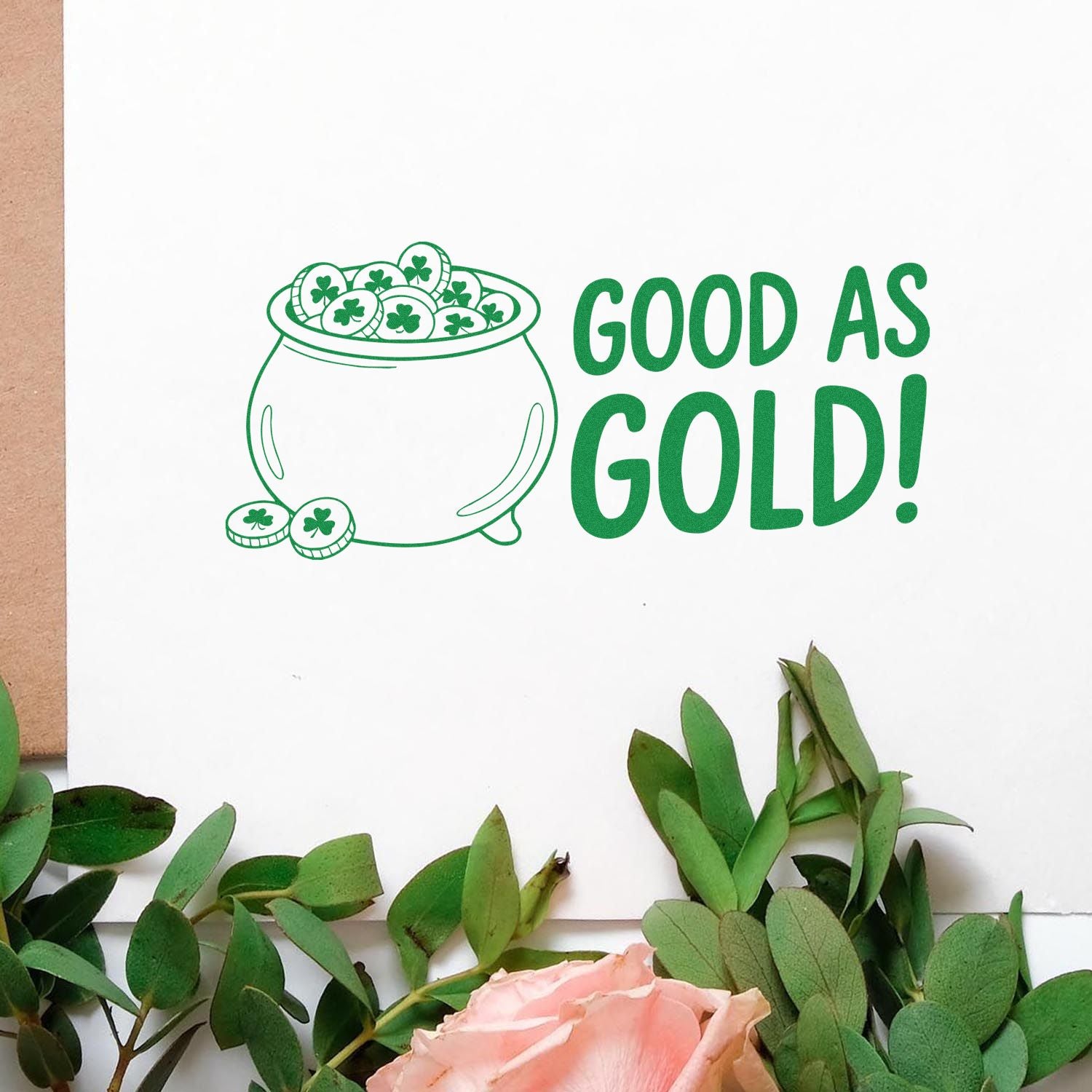 Good as Gold rubber stamp design with shamrock pot of gold, perfect for St. Patricks Day cards and craft projects.